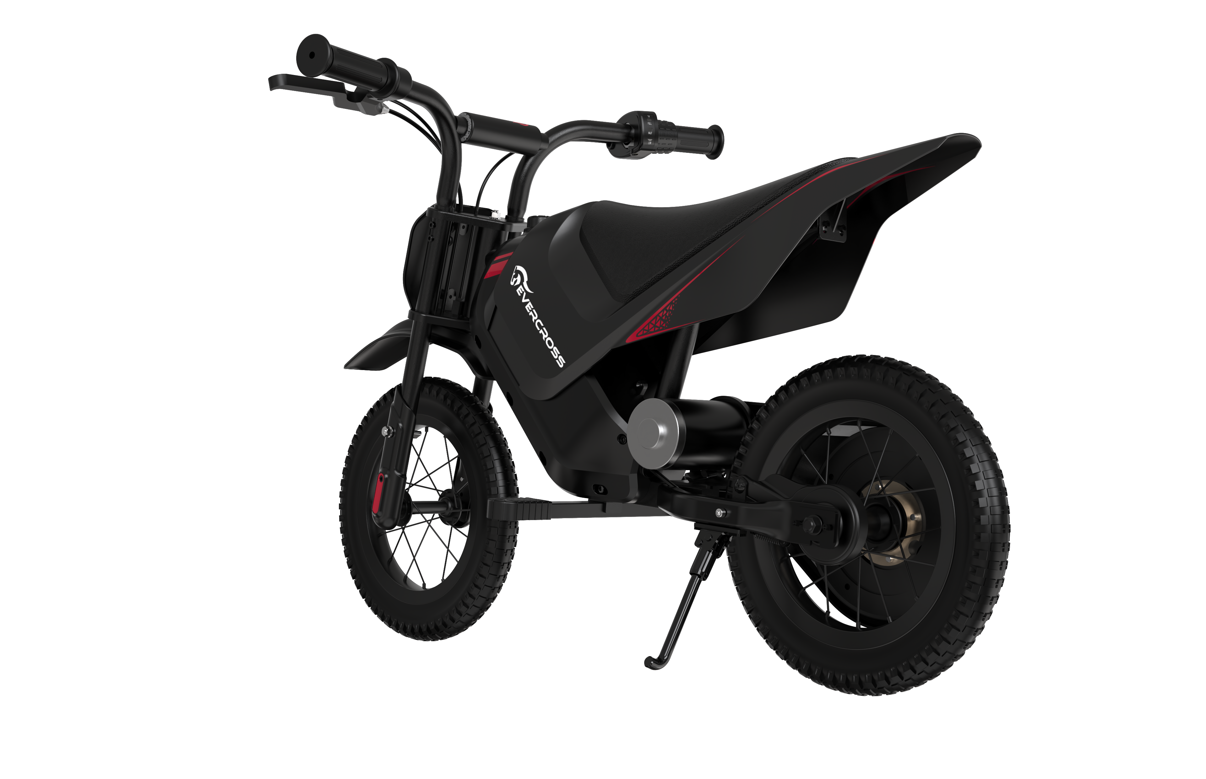 Czarno-czerwony elektryczny motocykl terenowy na czarnym tle. Motocykl jest pochylony w prawo.