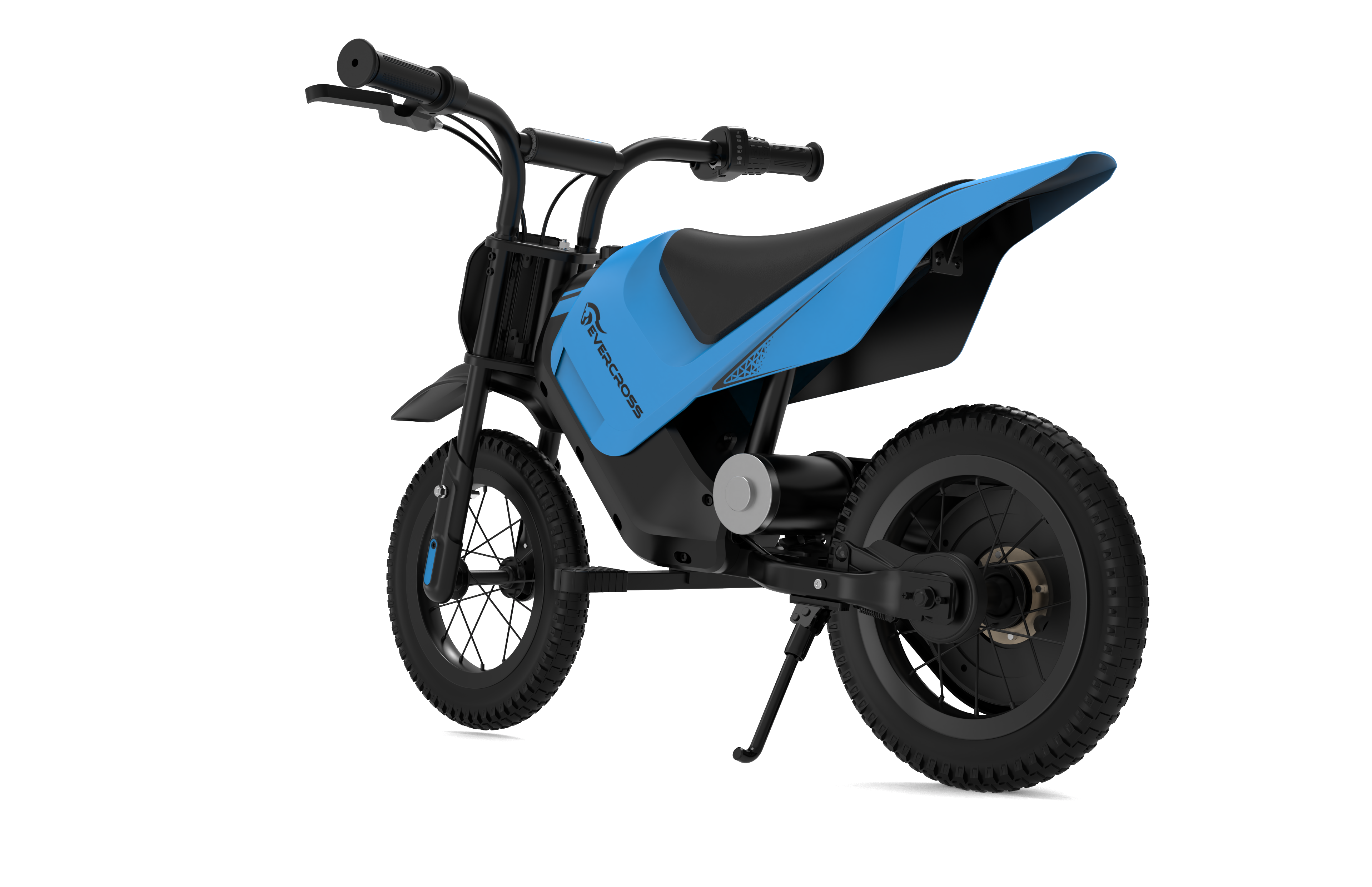 Ein kleines blaues und schwarzes Dirtbike. Ansicht von hinten, leicht von oben.