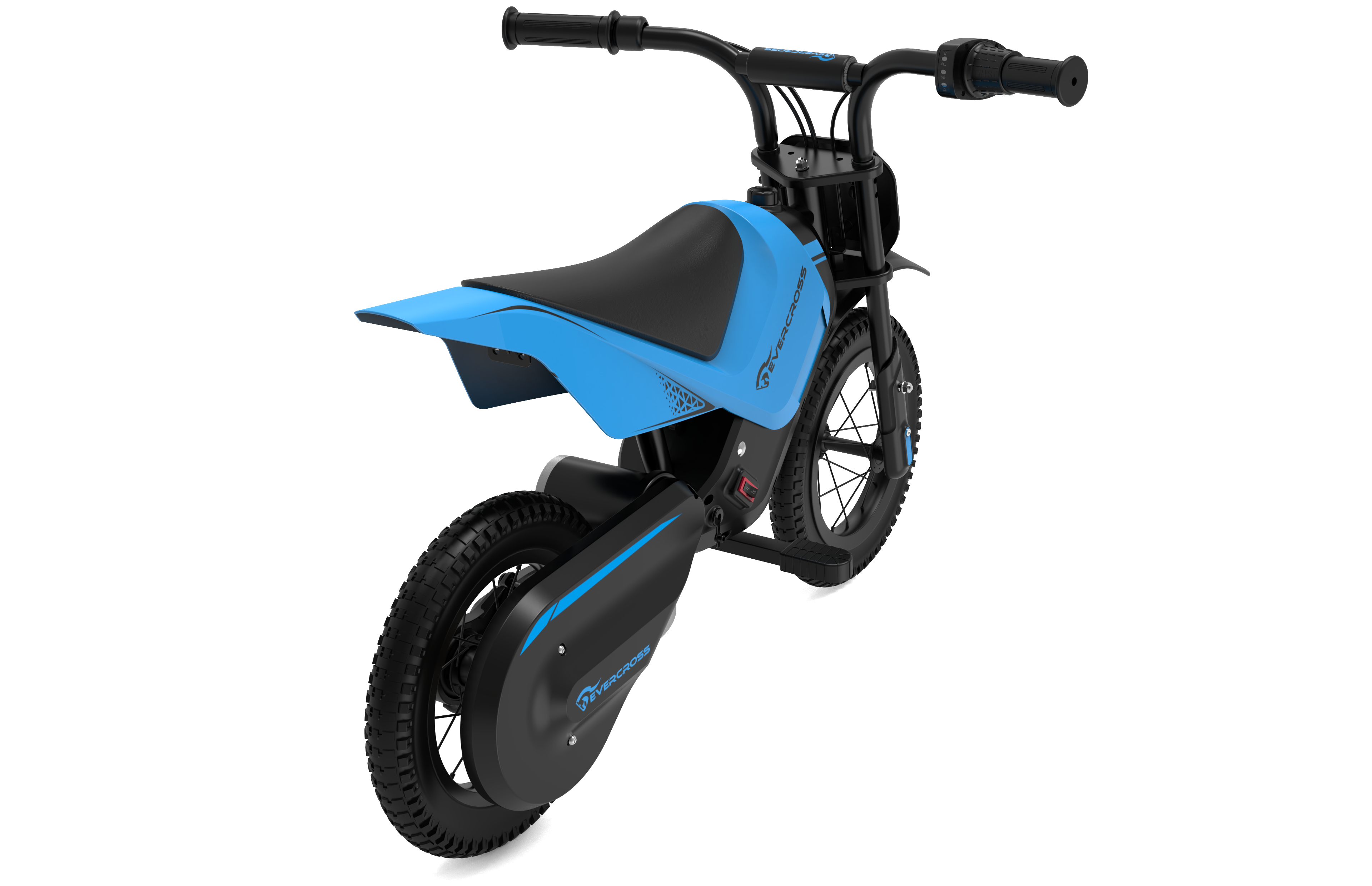 Niebiesko-czarny motocykl elektryczny widziany z tyłu. Ma czarne siedzenie i czarne koła.