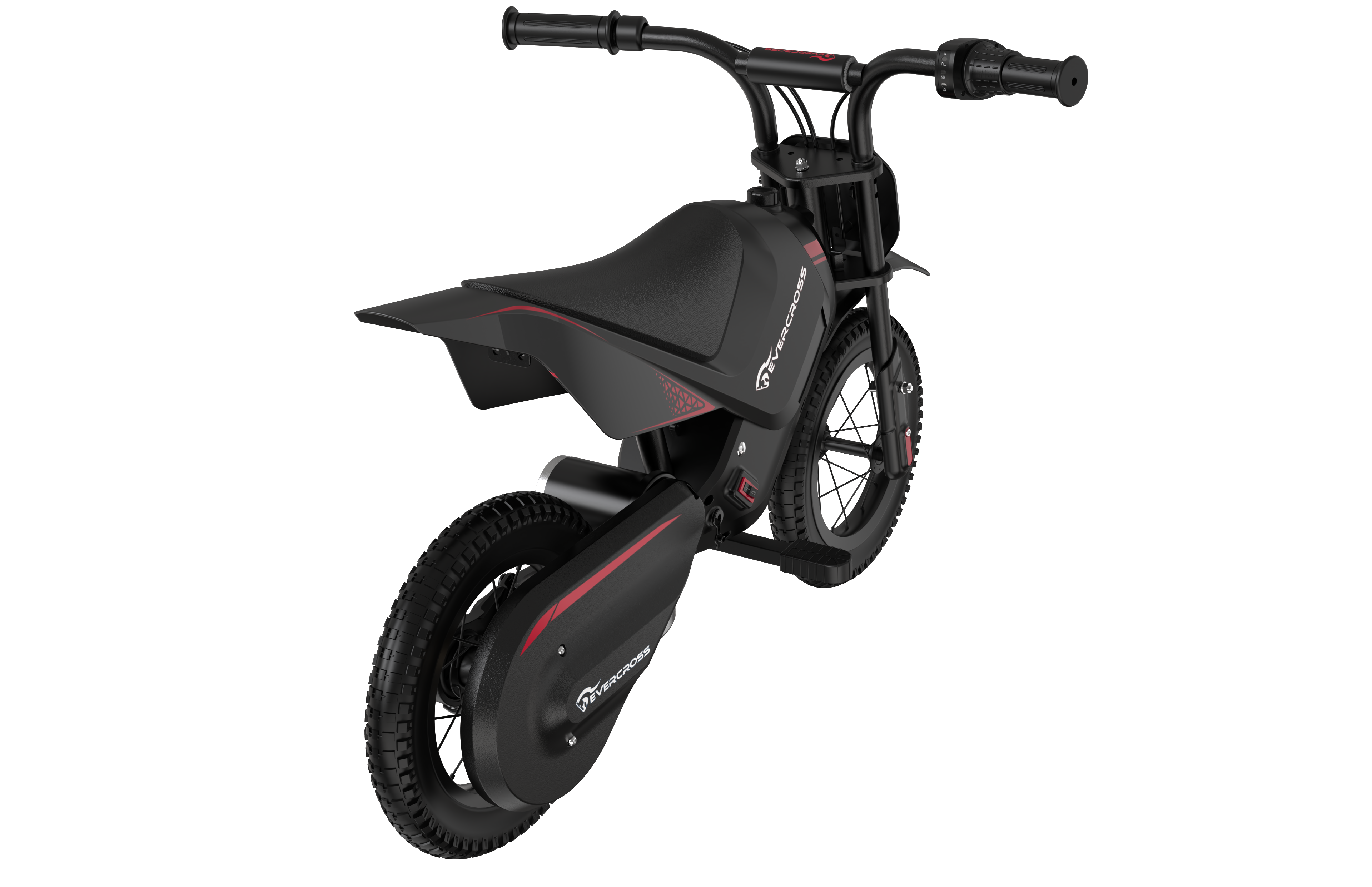 Schwarzes und rotes Elektromotorrad auf schwarzem Hintergrund. Schräge Rückansicht.