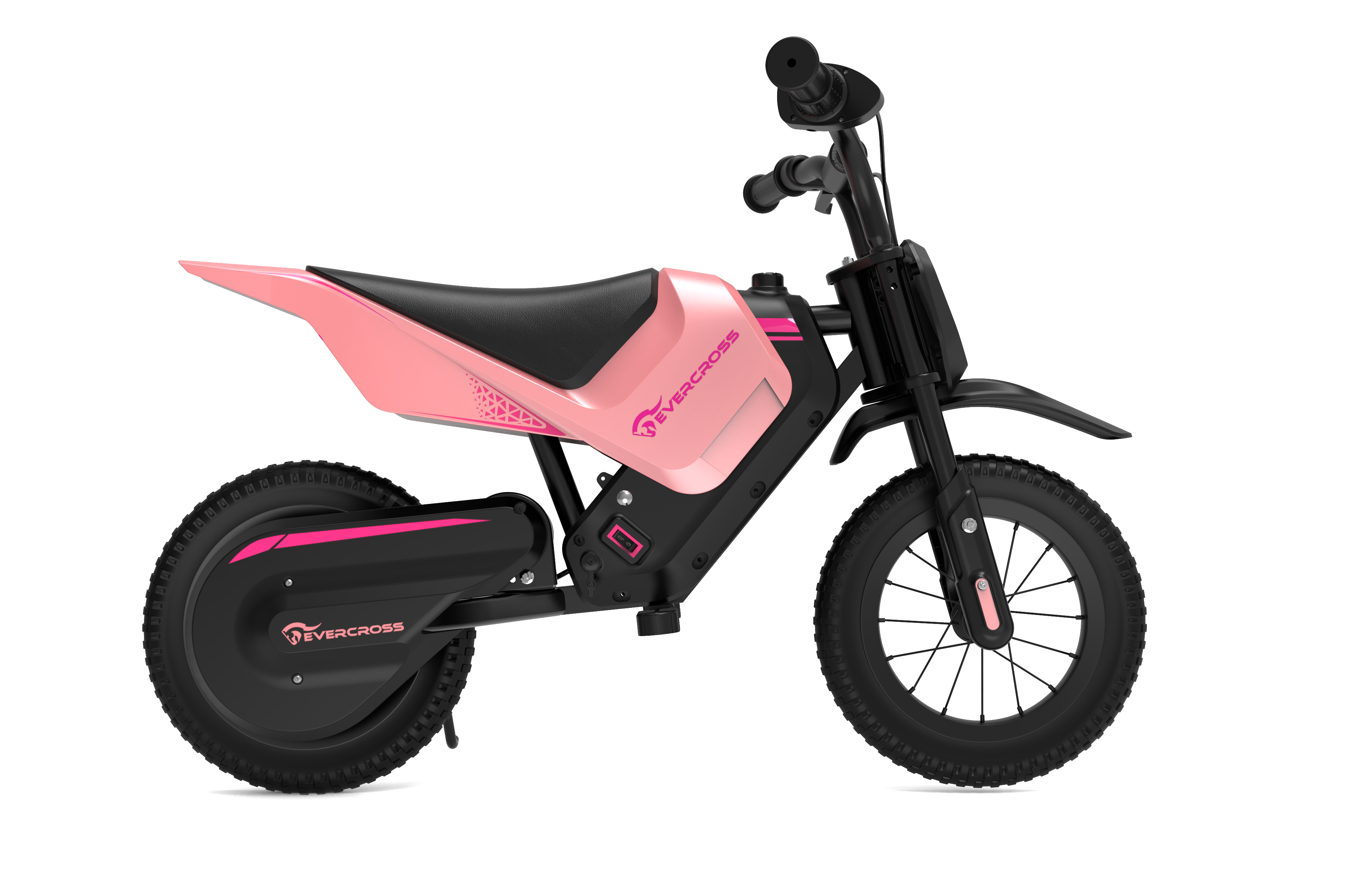 Rosa-schwarzes Evercross Elektro-Dirtbike, Seitenansicht, isoliert vor weißem Hintergrund.
