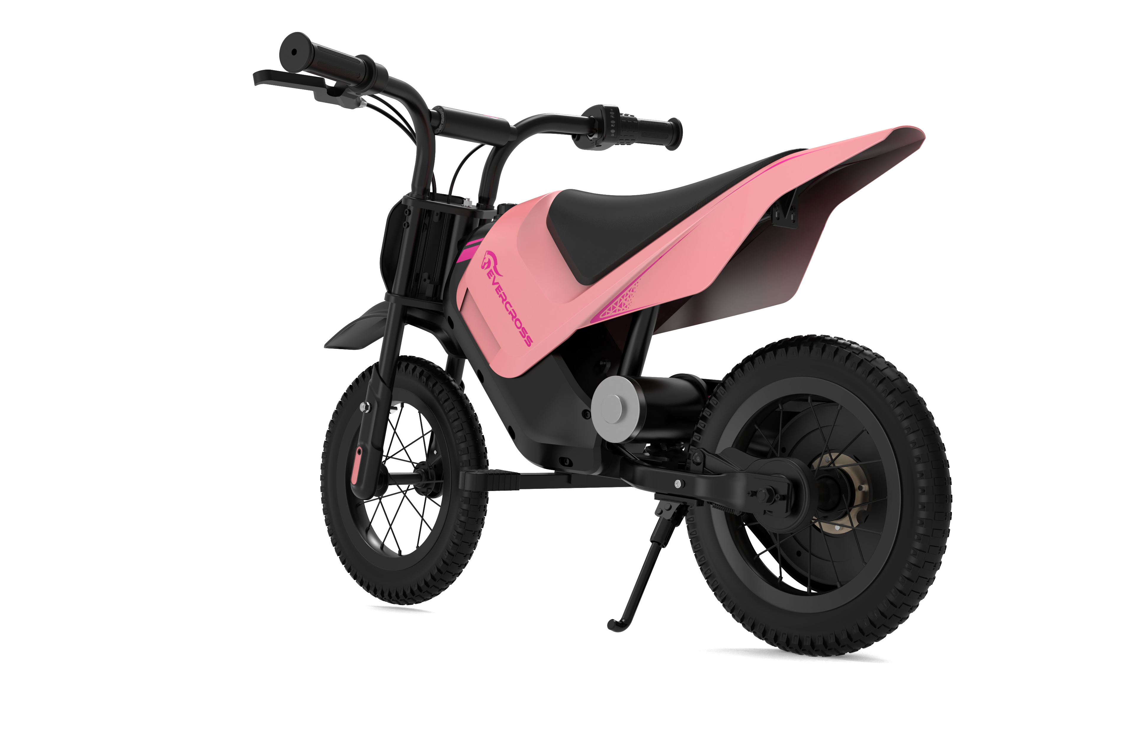 Rosa und schwarzes Spielzeug-Dirtbike mit schwarzem Hintergrund.
