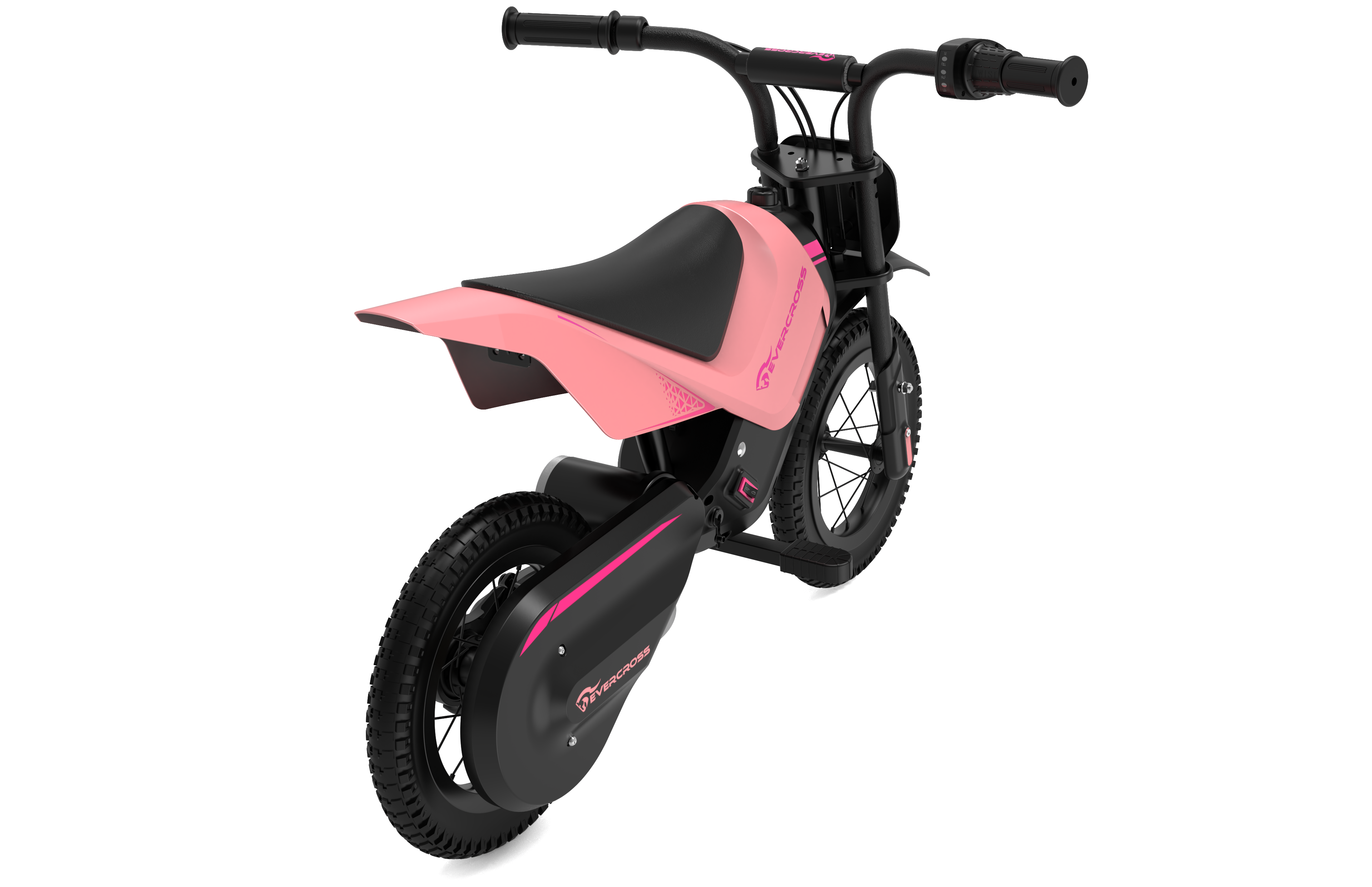 Różowy motocykl Razor na białym tle, widok z tyłu.