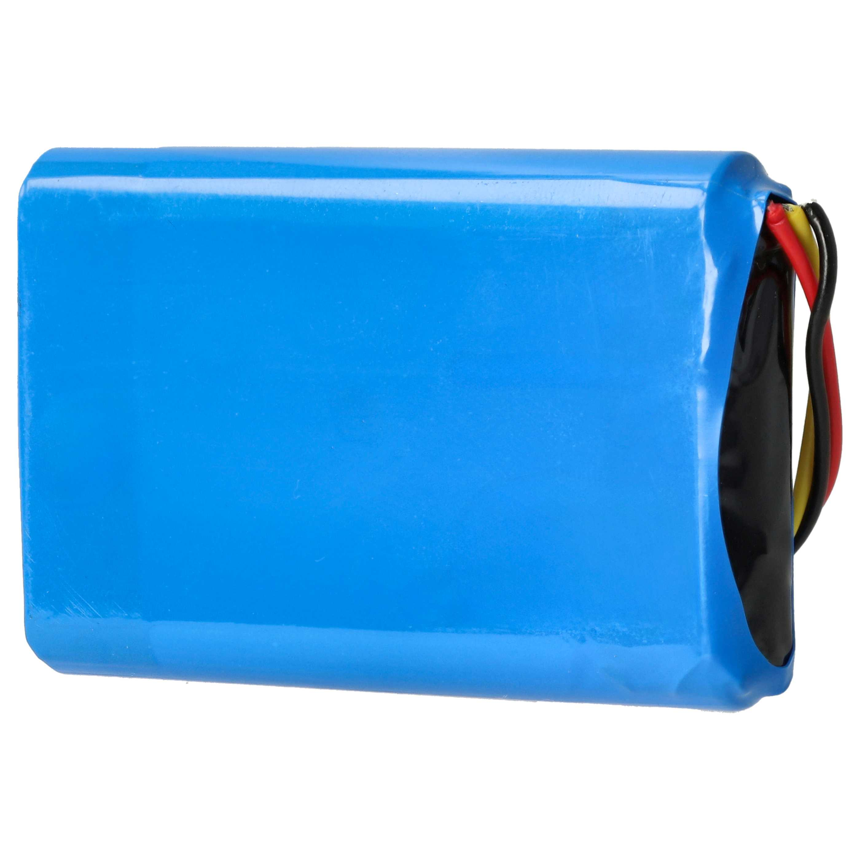 Blaue rechteckige Batterie. Drähte kommen aus einem schwarz bedeckten Ende heraus.