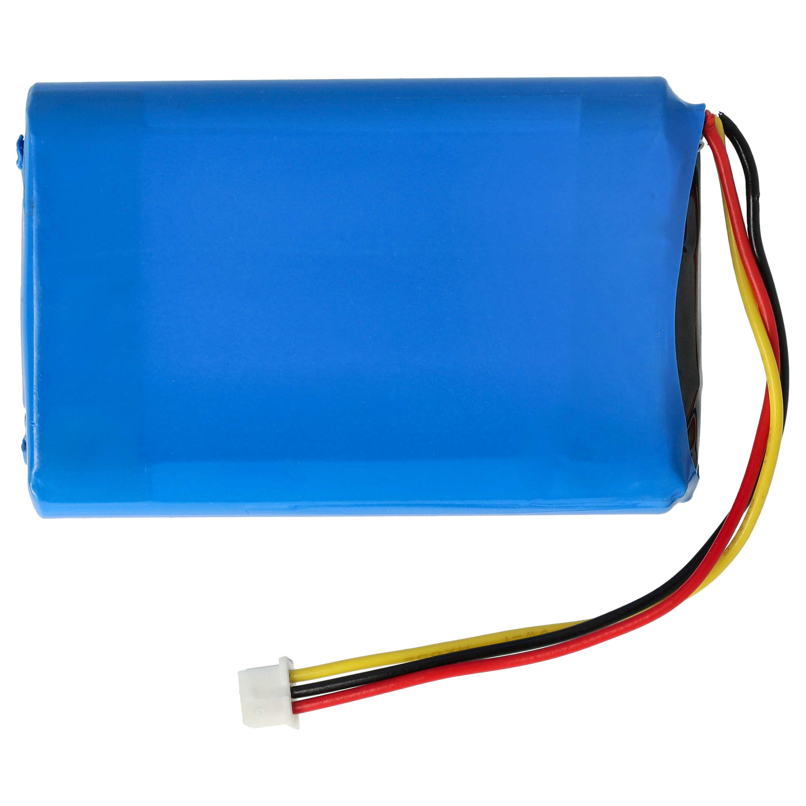 Blaue Batterie mit roten, gelben und schwarzen Drähten und einem weißen Stecker.