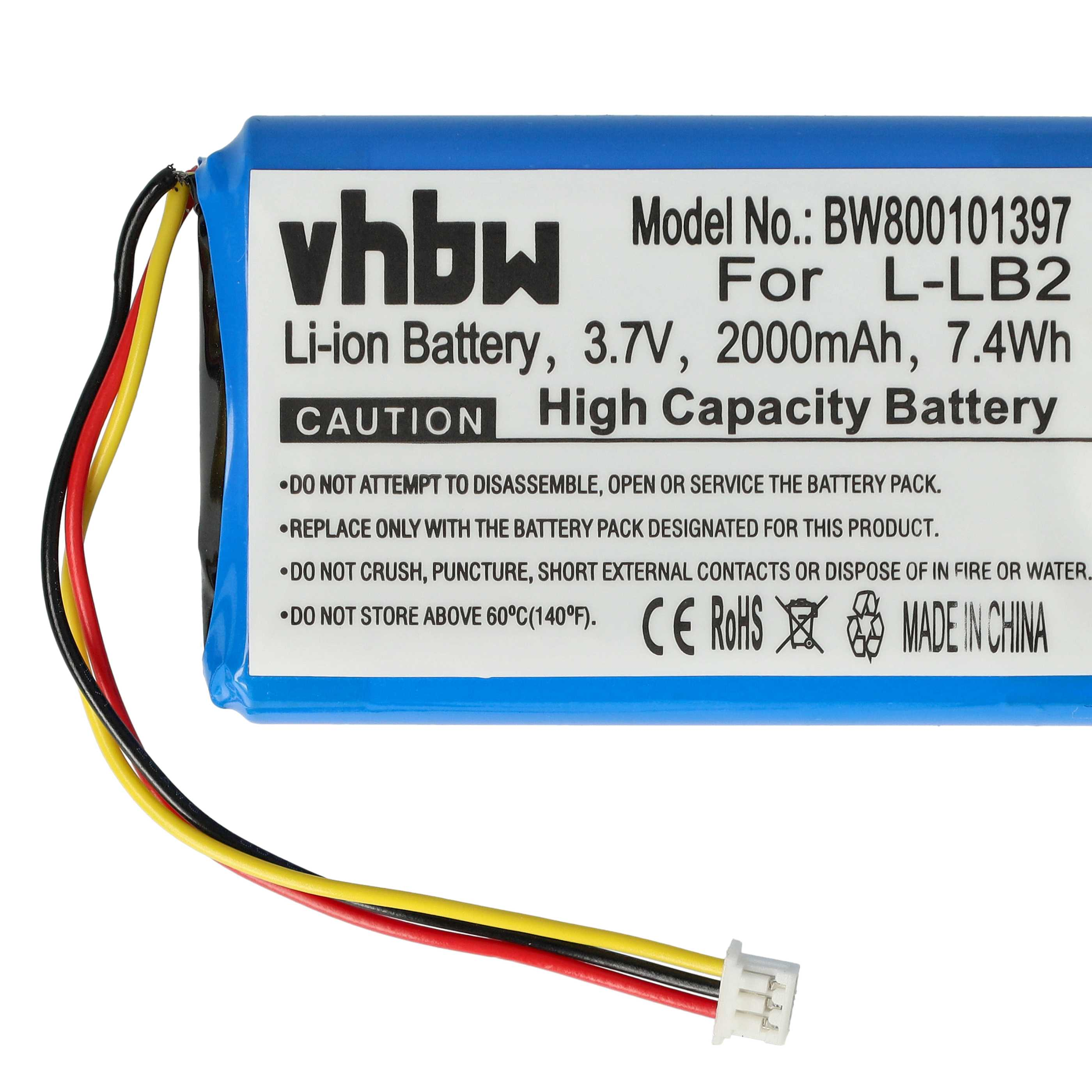 Ein blauer Li-Ion-Akku mit weißem Etikett. Die Batterie hat Kabel, die herausragen.