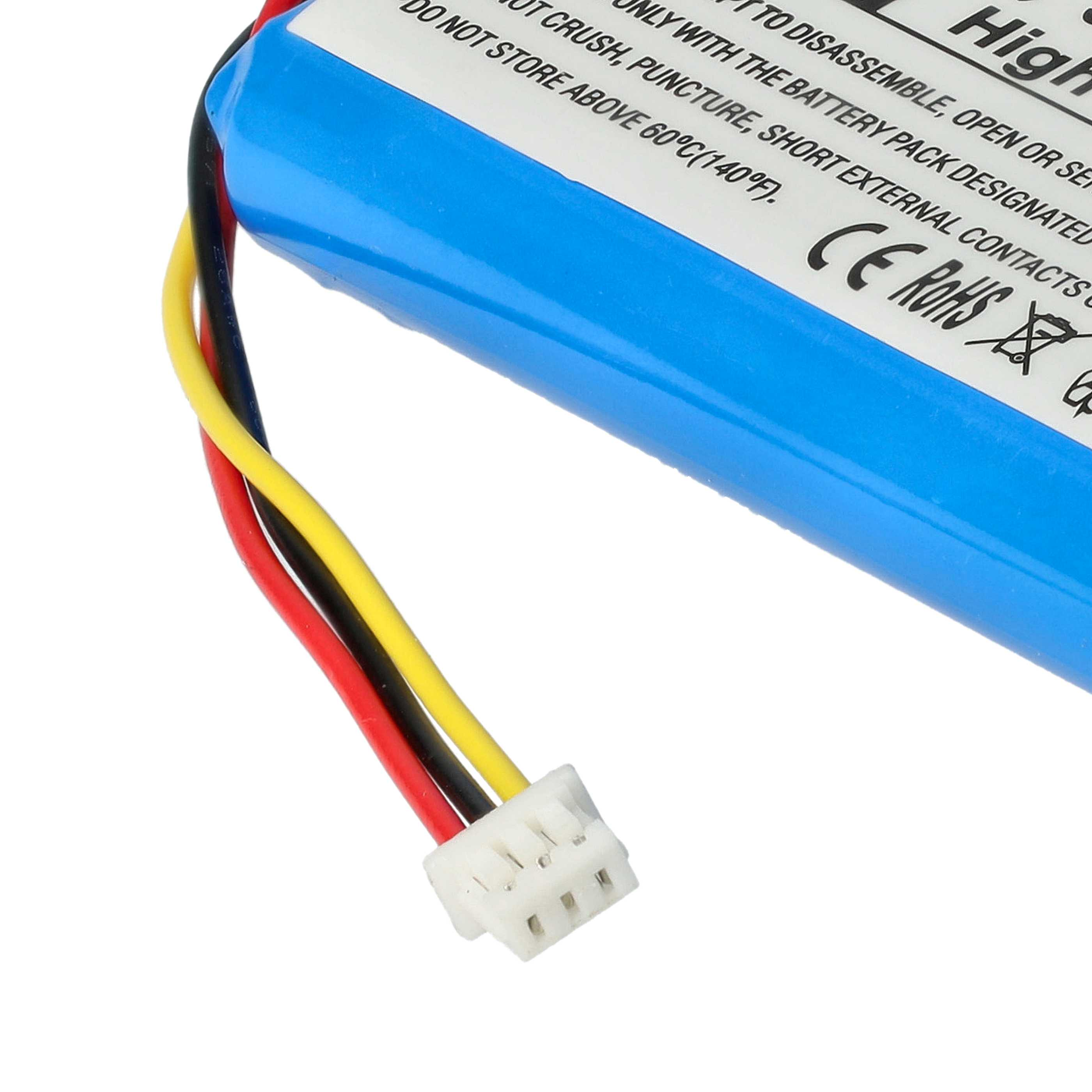 Blaue Batterie mit roten, gelben und schwarzen Drähten.