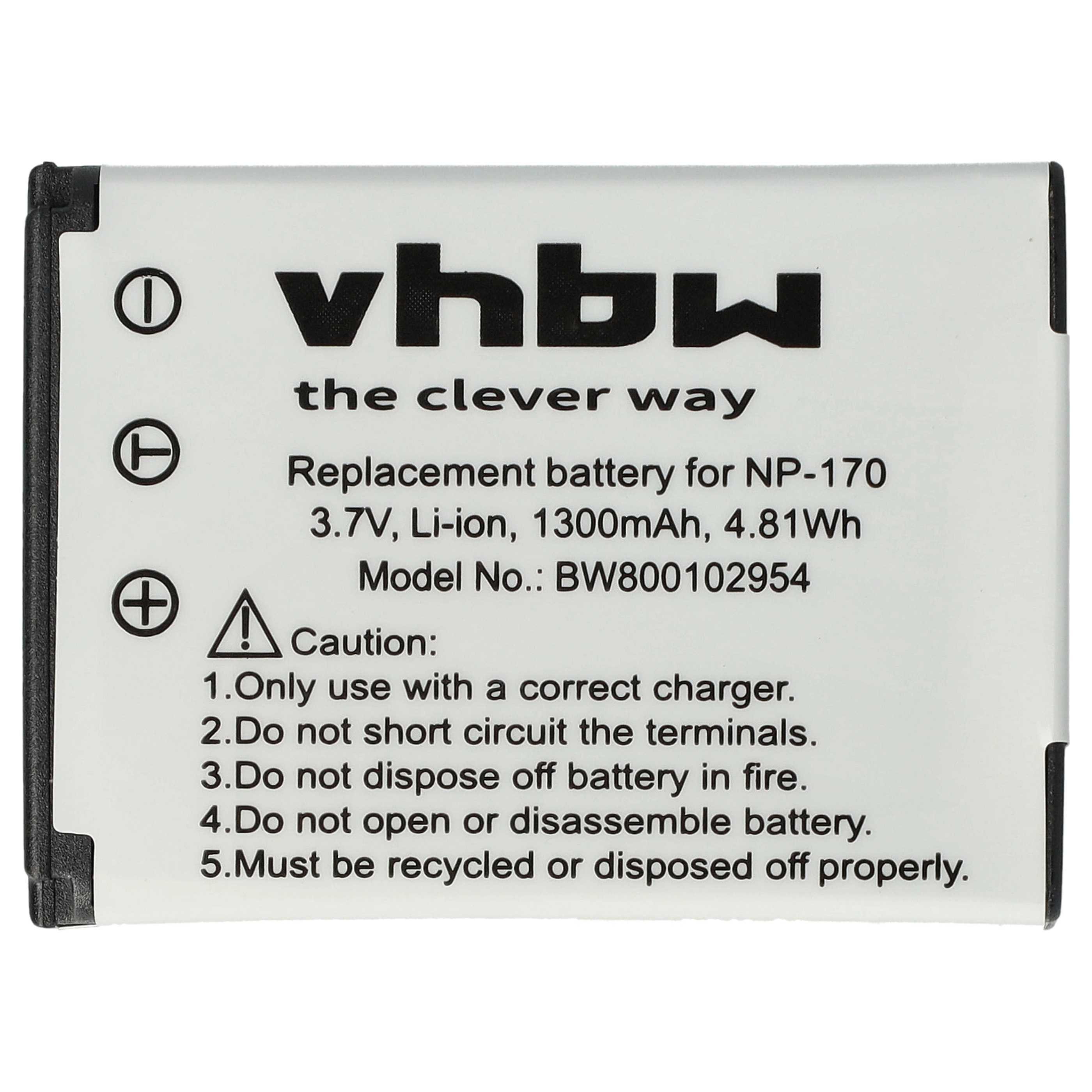 Weiße Batterie mit Text: 'vhbw the clever way' und Warnhinweis.