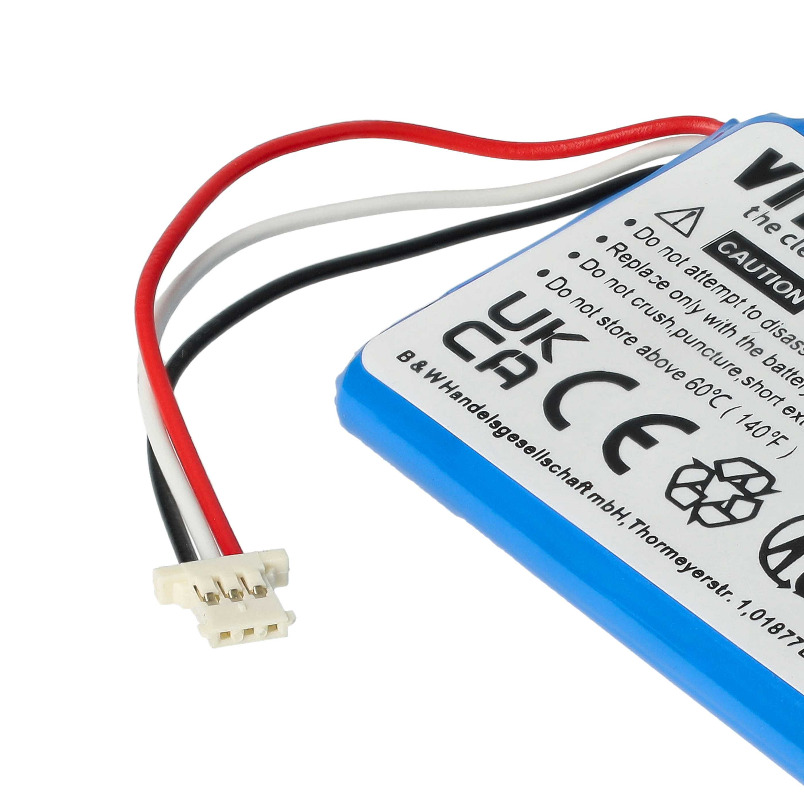 Blaues Akkupack mit Drähten und Stecker, gekennzeichnet mit Sicherheits- und CE-Symbolen.