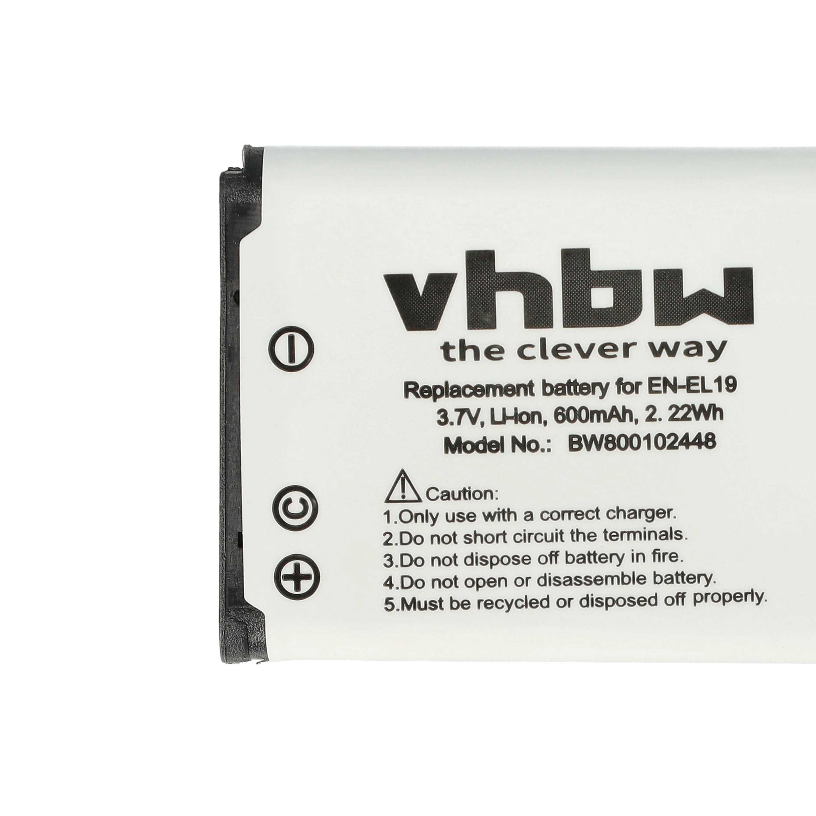 Weiße Batterie mit Text und Symbolen auf weißem Hintergrund.