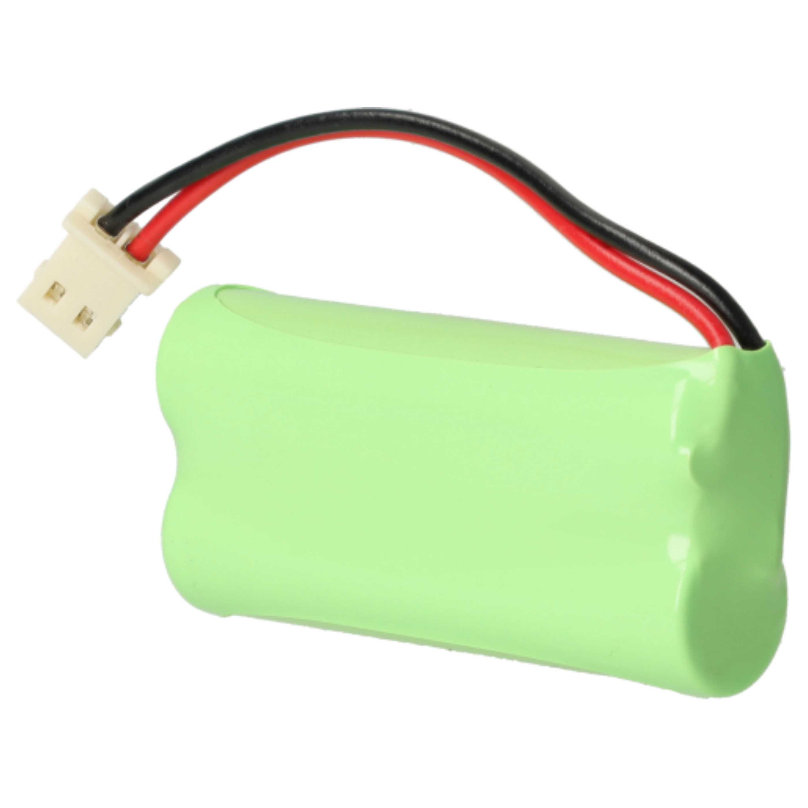 Grüne Batterie mit roten und schwarzen Drähten und einem weißen Stecker.