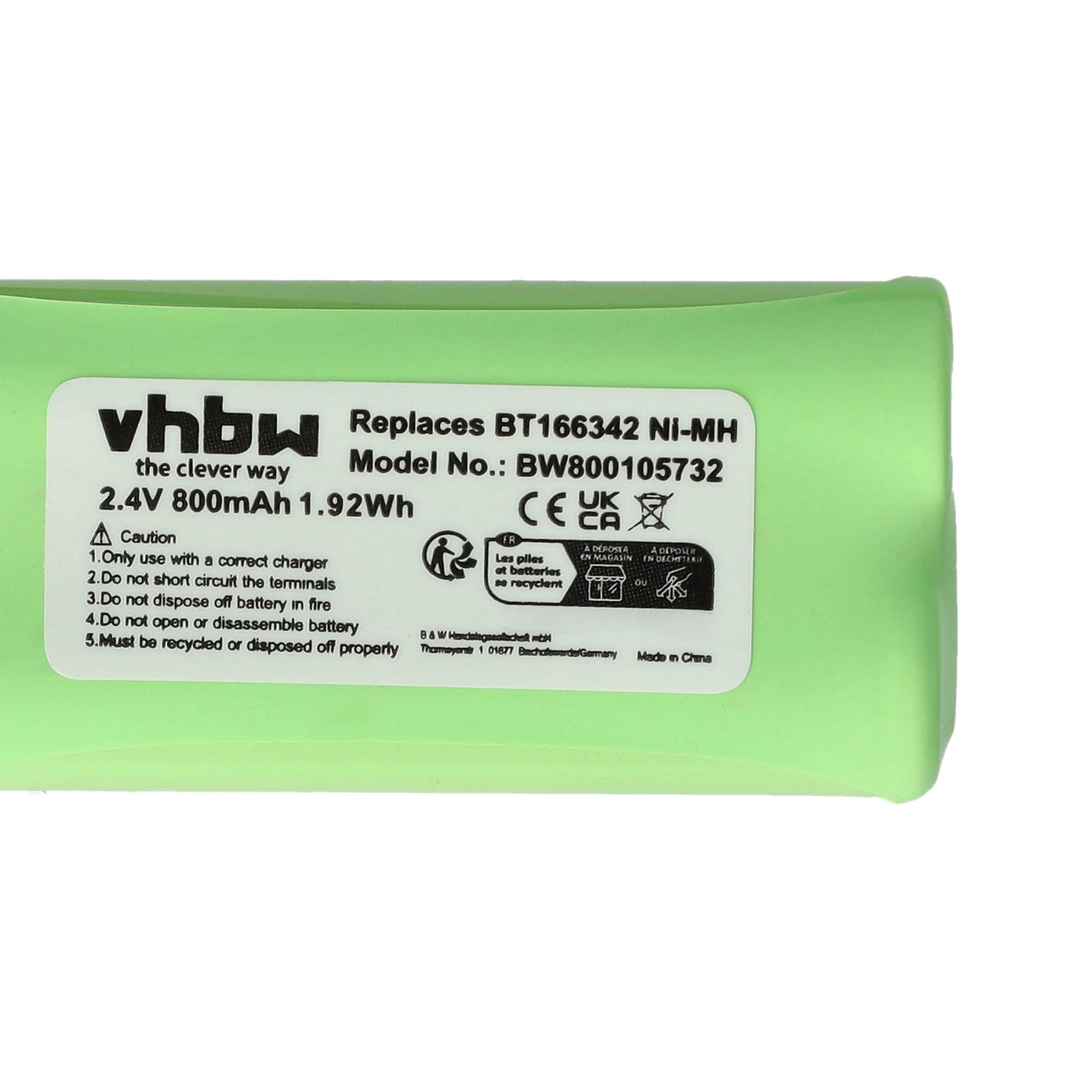 Grüne Batterie mit Text und Warnhinweisen auf weißer Oberfläche, von oben betrachtet.