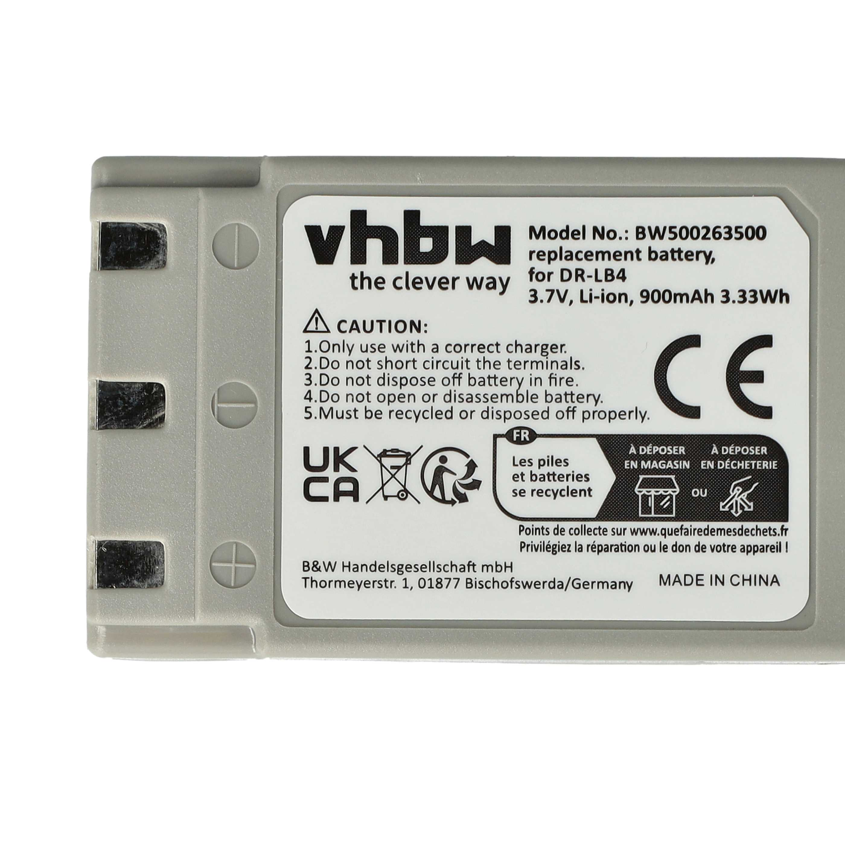 Graue Batterie mit Warnhinweisen, Markenname und Spezifikationen. Sie lautet 'vbhw the clever way' und 'Made in China'.