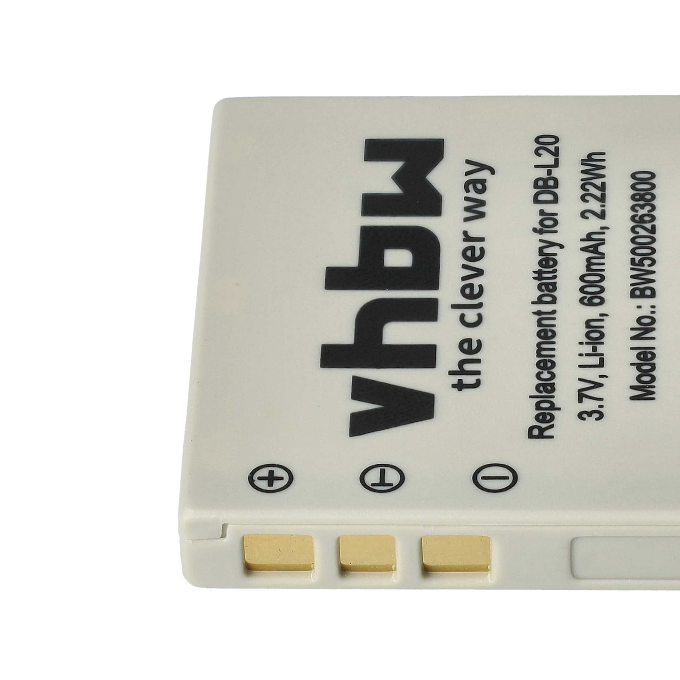 Eine weiße Batterie mit Text und drei goldfarbenen Anschlüssen. Der Text ist schwarz.