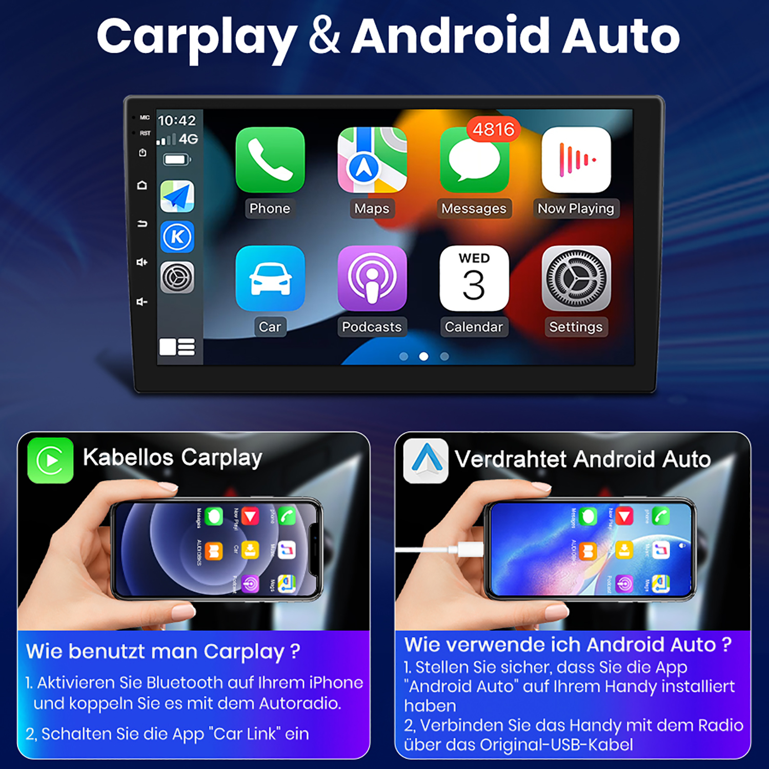 Carplay & Android Auto Bildschirm mit App-Symbolen. Zwei Hände mit Telefonen zeigen CarPlay und Android Auto Einrichtung.