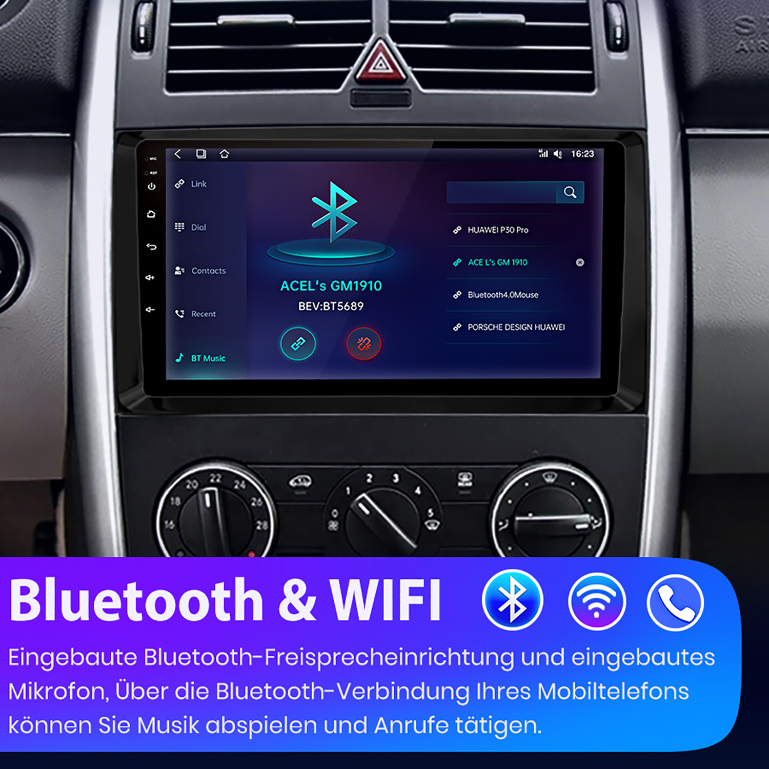 Autoradio-Bildschirm mit Bluetooth- und WLAN-Optionen. Bluetooth- und WLAN-Symbole.