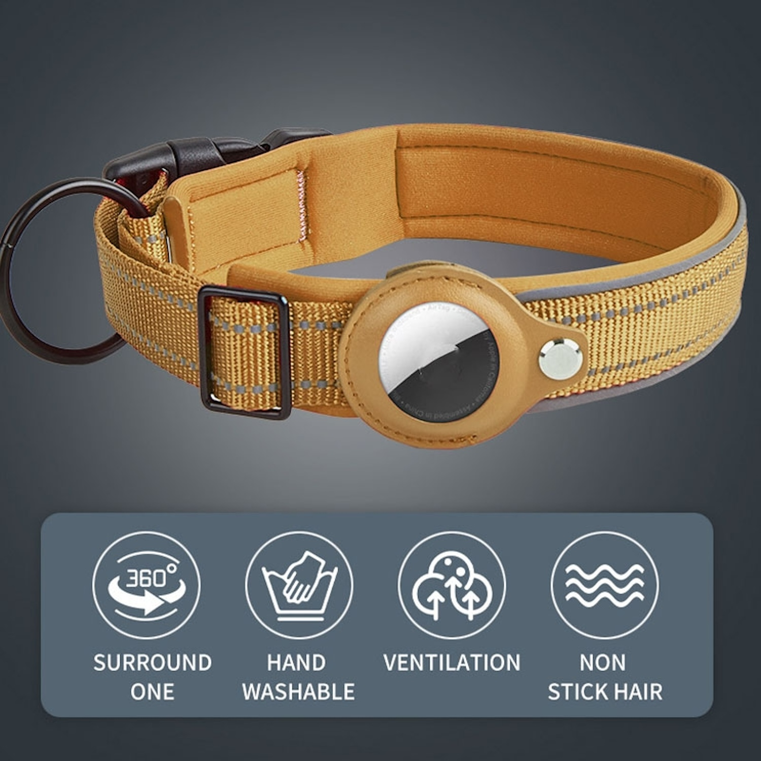 Ein gelbes und graues Hundehalsband mit Tracker. Symbole für Funktionen werden angezeigt.