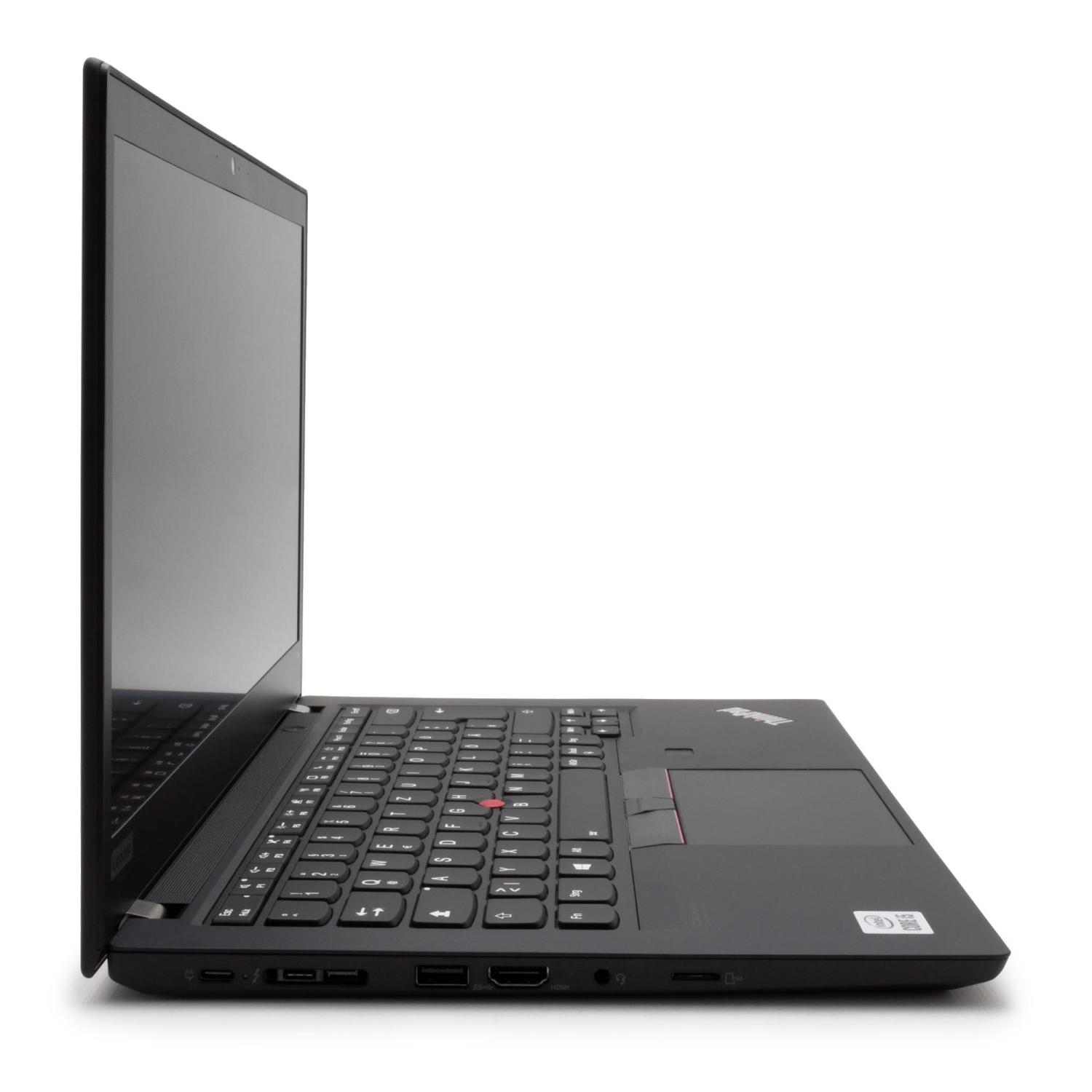 Schwarzer Laptop Seitenansicht, geöffnet, mit Tastatur und Bildschirm.