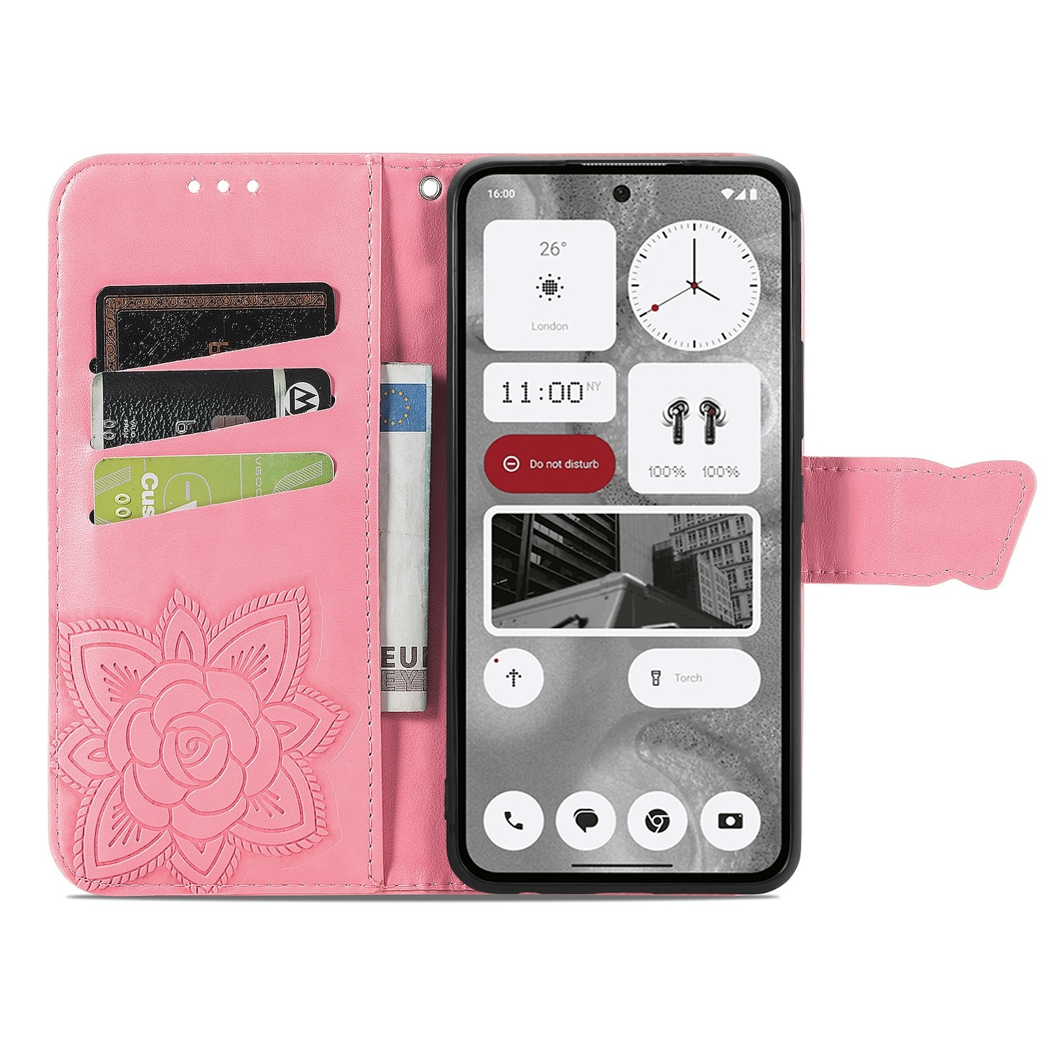Rosa Handyhülle, offen, um Handy zu zeigen. Handy zeigt App-Symbole und eine Uhr. Karten und Geld in Schlitzen.
