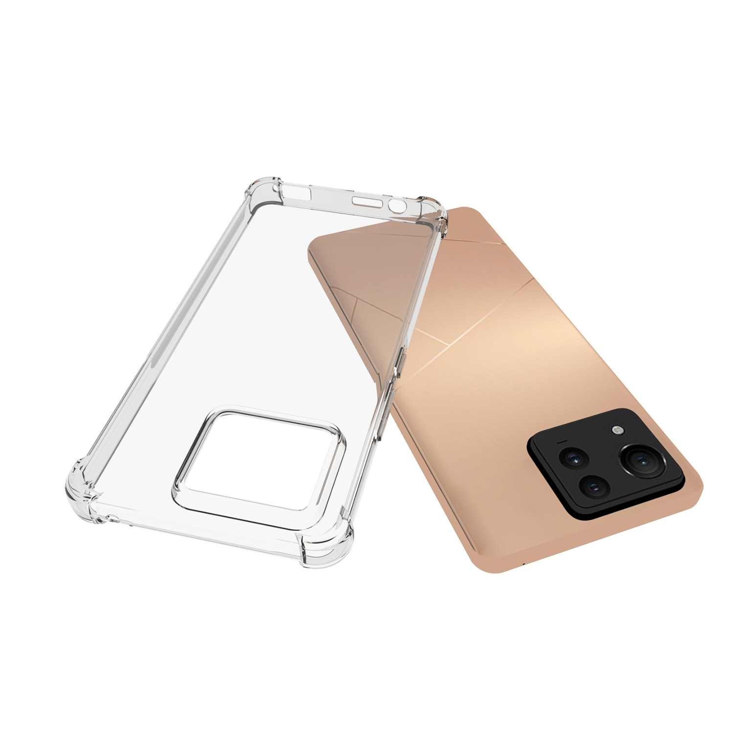 Eine Handyhülle und ein Telefon. Das Telefon ist beige und die Hülle ist transparent.