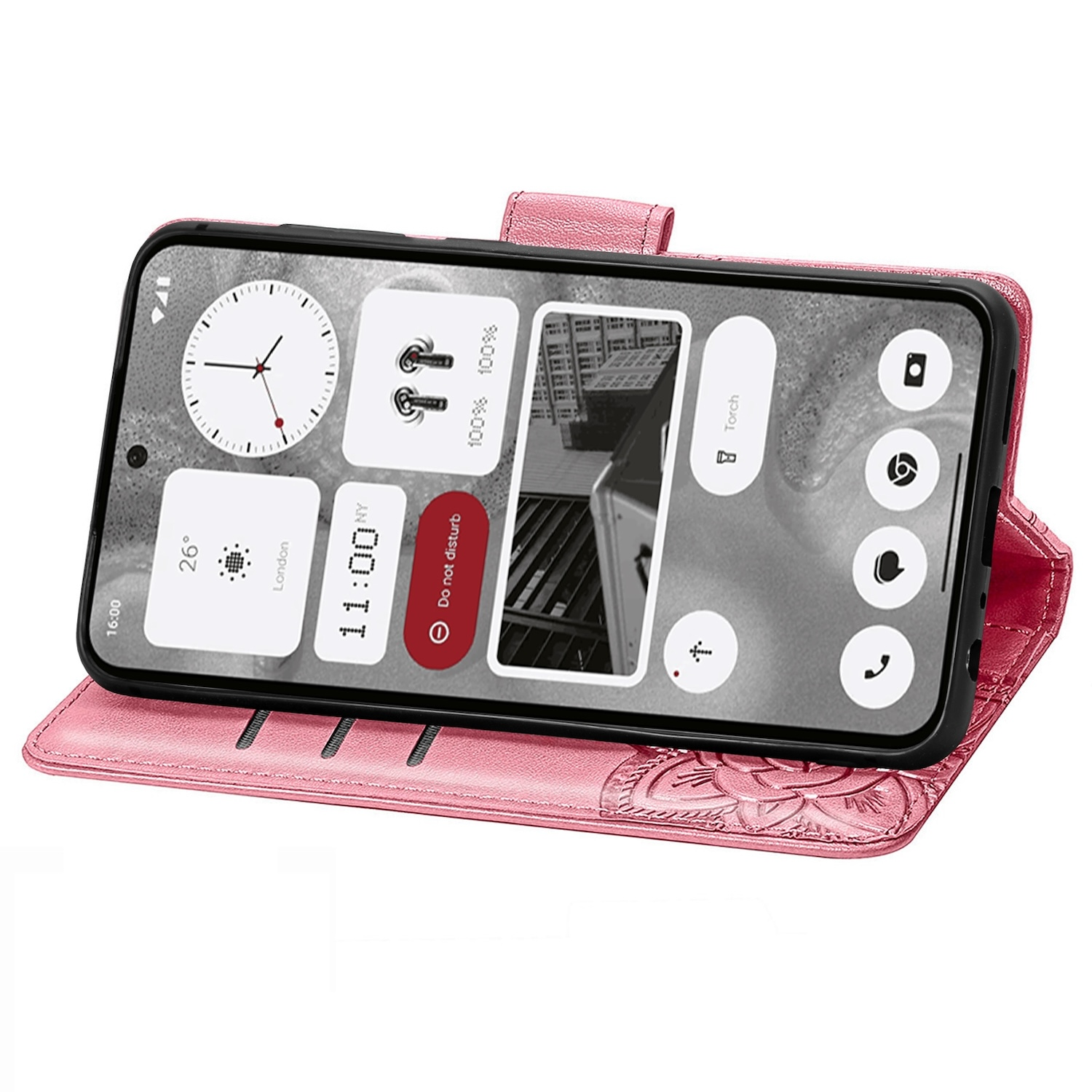 Rosa Handyhülle mit Uhr, Kalender und App-Symbolen auf dem Telefon.