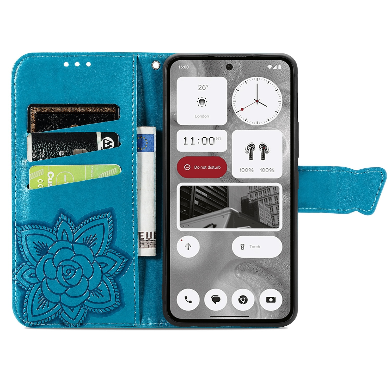 Eine offene türkisfarbene Handyhülle mit einem Telefon, das einen Startbildschirm zeigt.