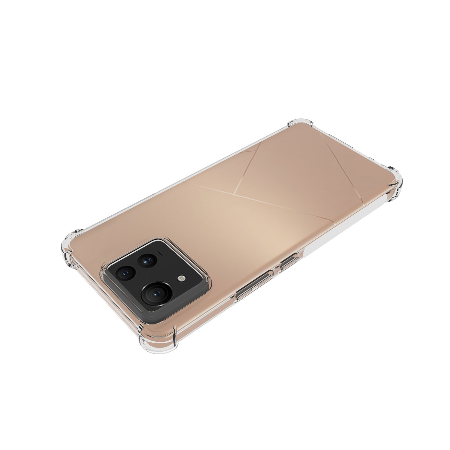 Eine transparente Handyhülle mit roségoldfarbener Rückseite. Die Hülle auf weißem Hintergrund.