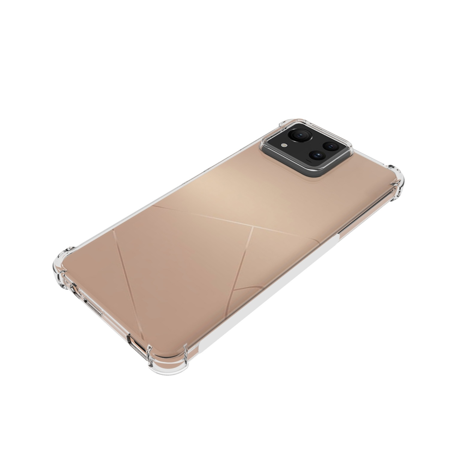 Handyhülle, transparent mit Goldlinien. Rückseite des Telefons sichtbar. Das Telefon ist schräg.