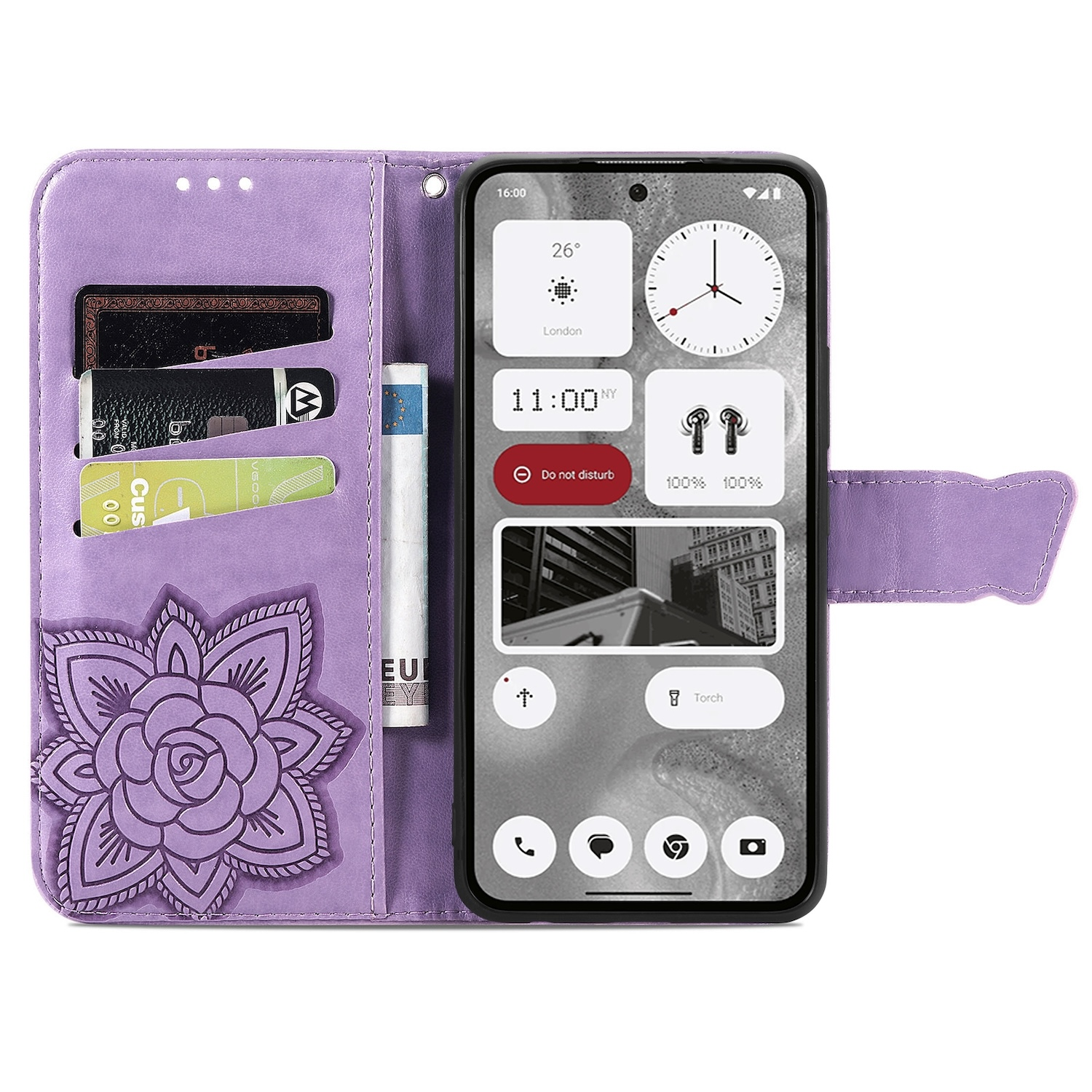 Lila Handyhülle mit Telefon darin. Karten, Geld und Blumendesign links.
