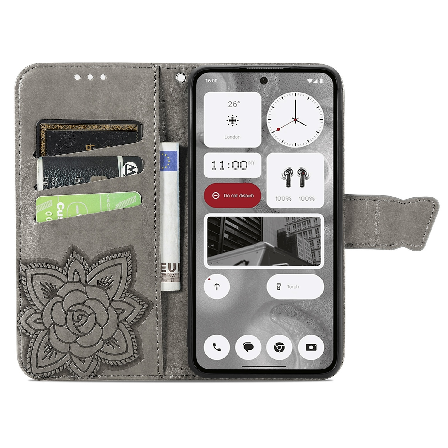 Graue Handyhülle mit Blumendesign, Telefon mit Oberfläche, Karten und Geld.