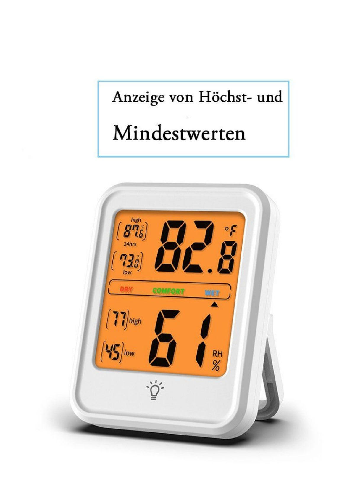 Digitales Thermometer zeigt 82,8°F und 61% RH an. Weißer Rahmen, Ständer und Text.