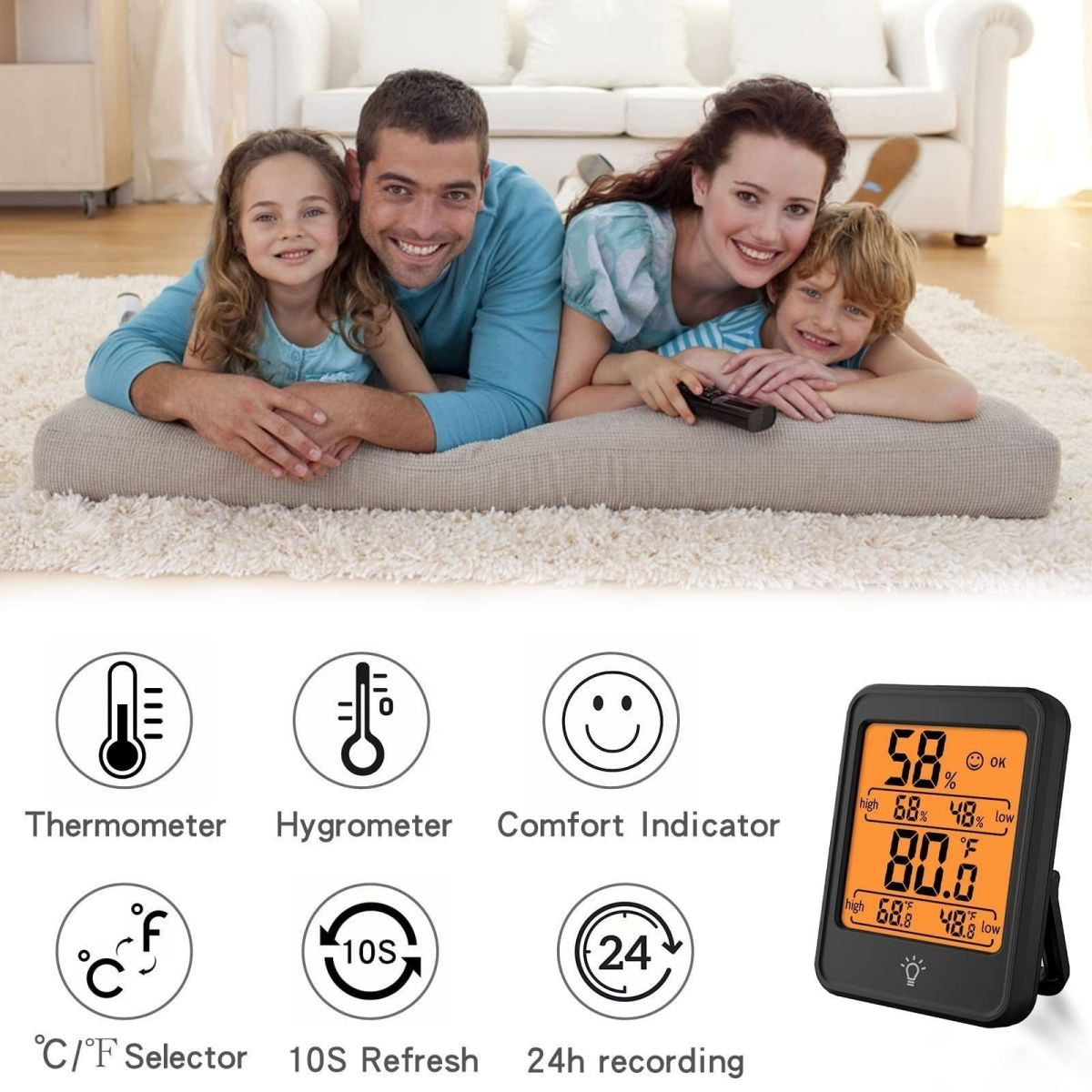 Familie auf einem Teppich mit Wetterstation, die Temperatur, Feuchtigkeit und Komfort anzeigt. Verschiedene Symbole.