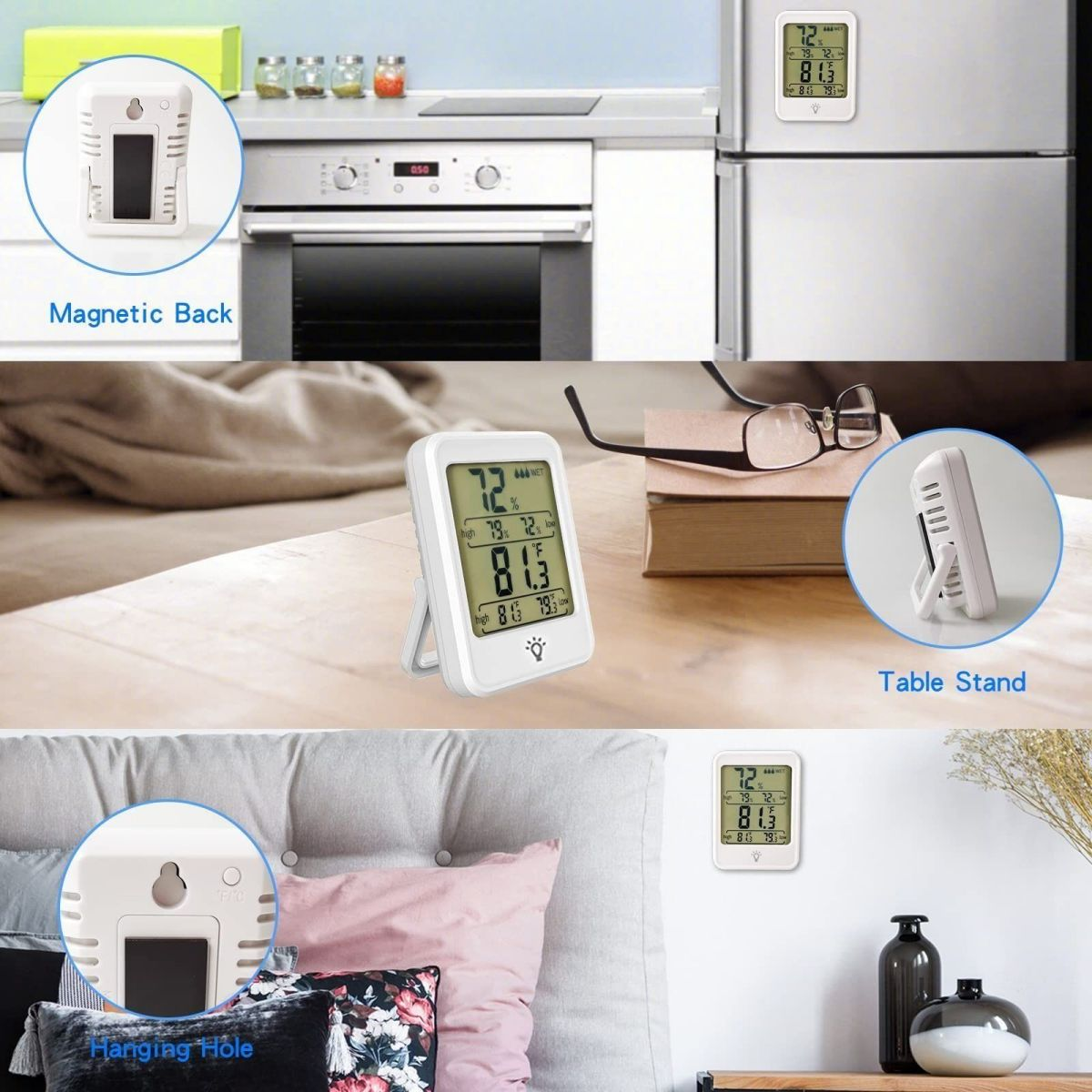 Mehrere Ansichten eines weißen digitalen Thermometers. Es zeigt Temperatur und Luftfeuchtigkeit.