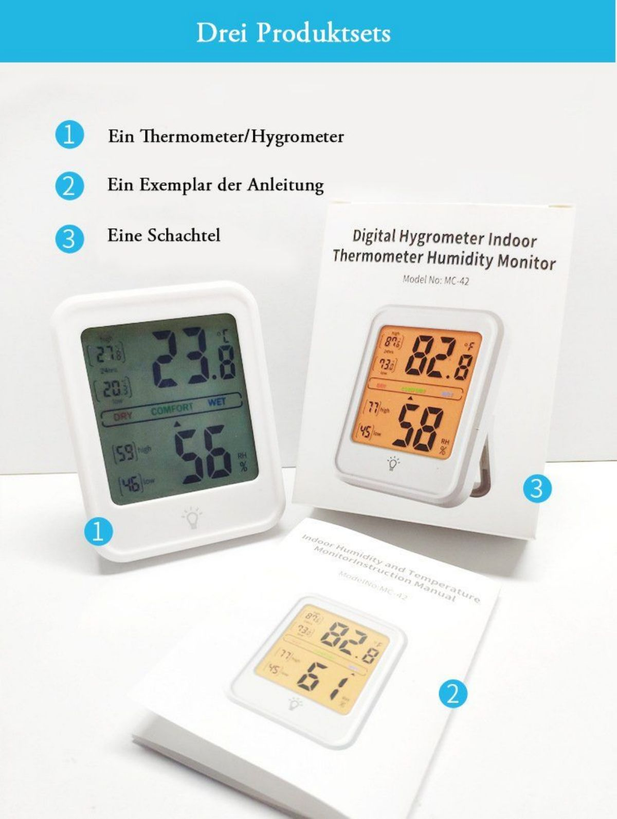Drei Produktsets, darunter ein Thermometer/Hygrometer, eine Anleitung und eine Box.