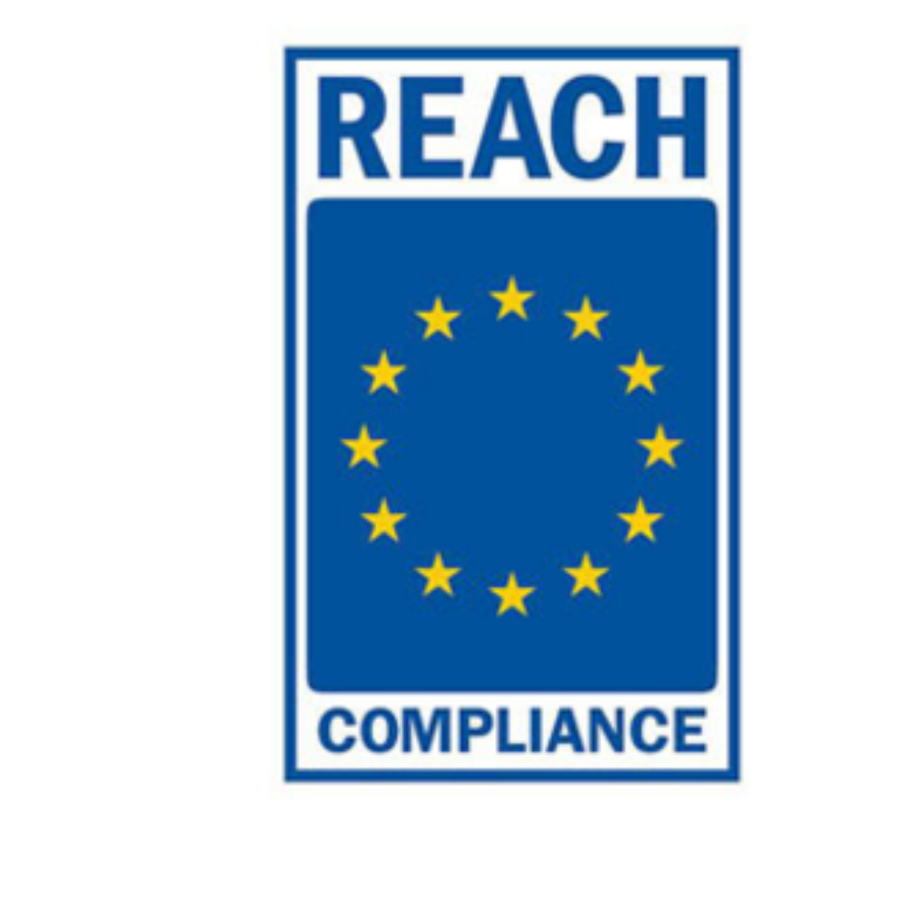Il logo di conformità REACH. Presenta uno sfondo blu con un cerchio di stelle gialle e le parole REACH COMPLIANCE.