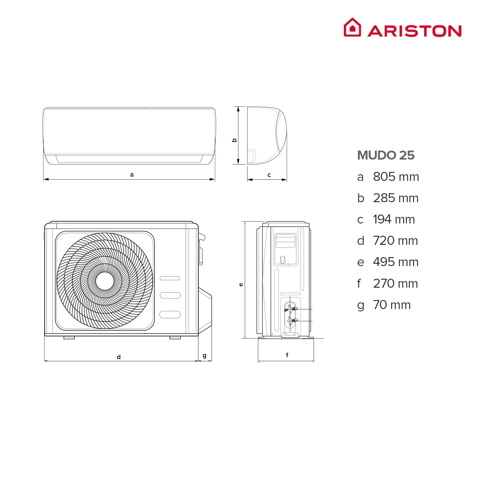 Dibujo técnico de una unidad de aire acondicionado, con medidas y dimensiones etiquetadas.