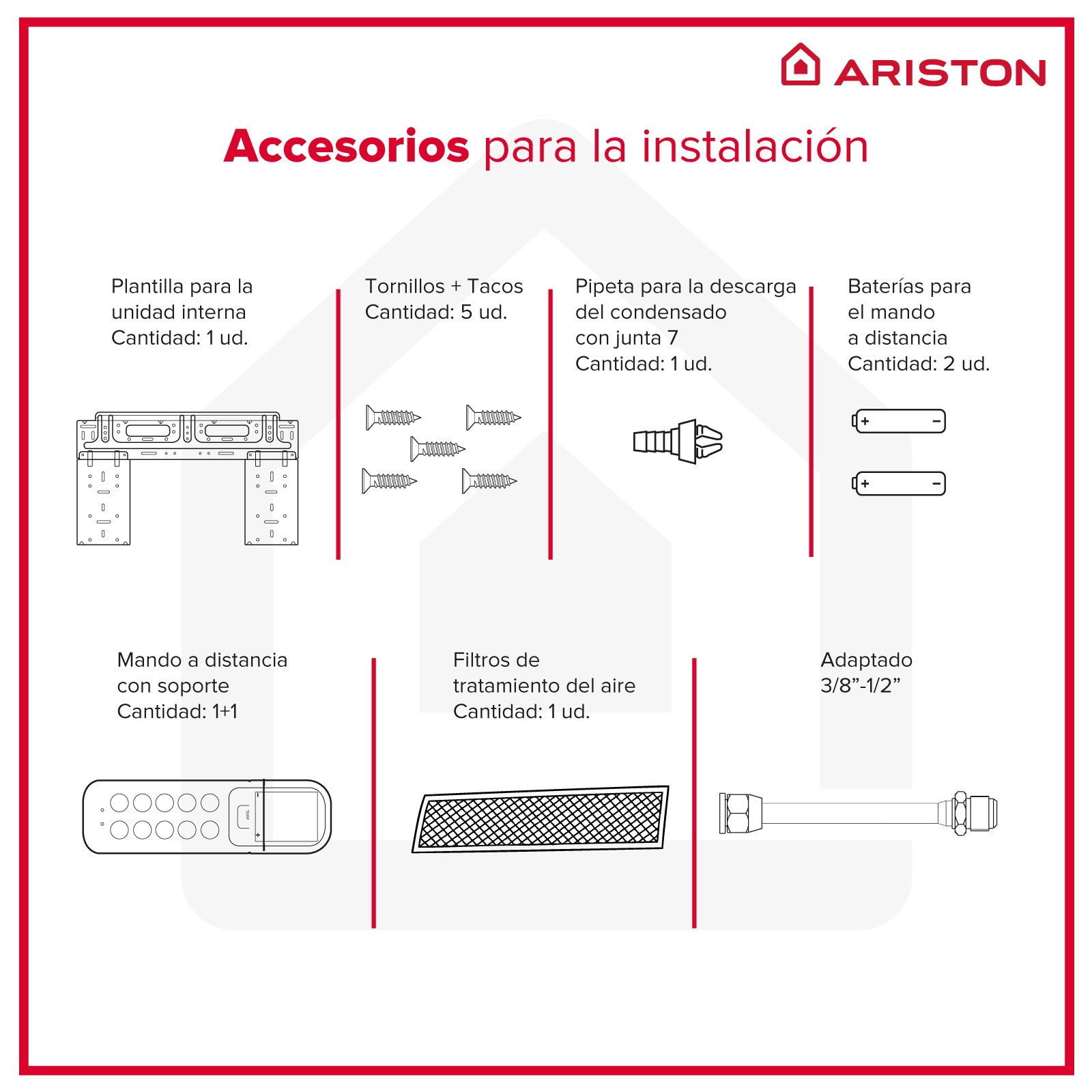 Diagrama de accesorios de instalación, incluyendo tornillos, tubería y filtro.