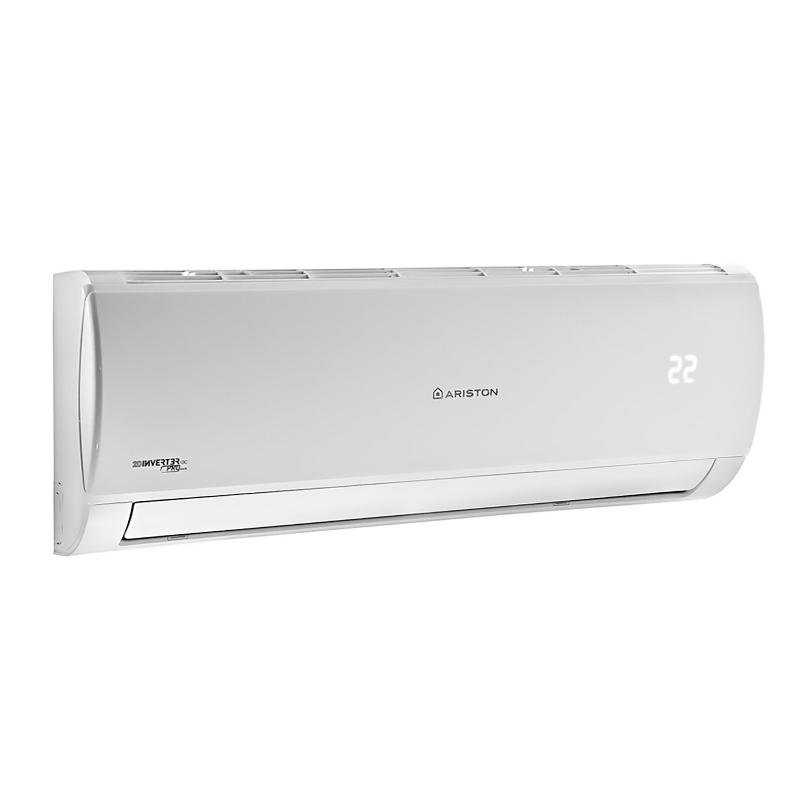 Un acondicionador de aire Ariston blanco sobre un fondo blanco. Muestra el número 22.