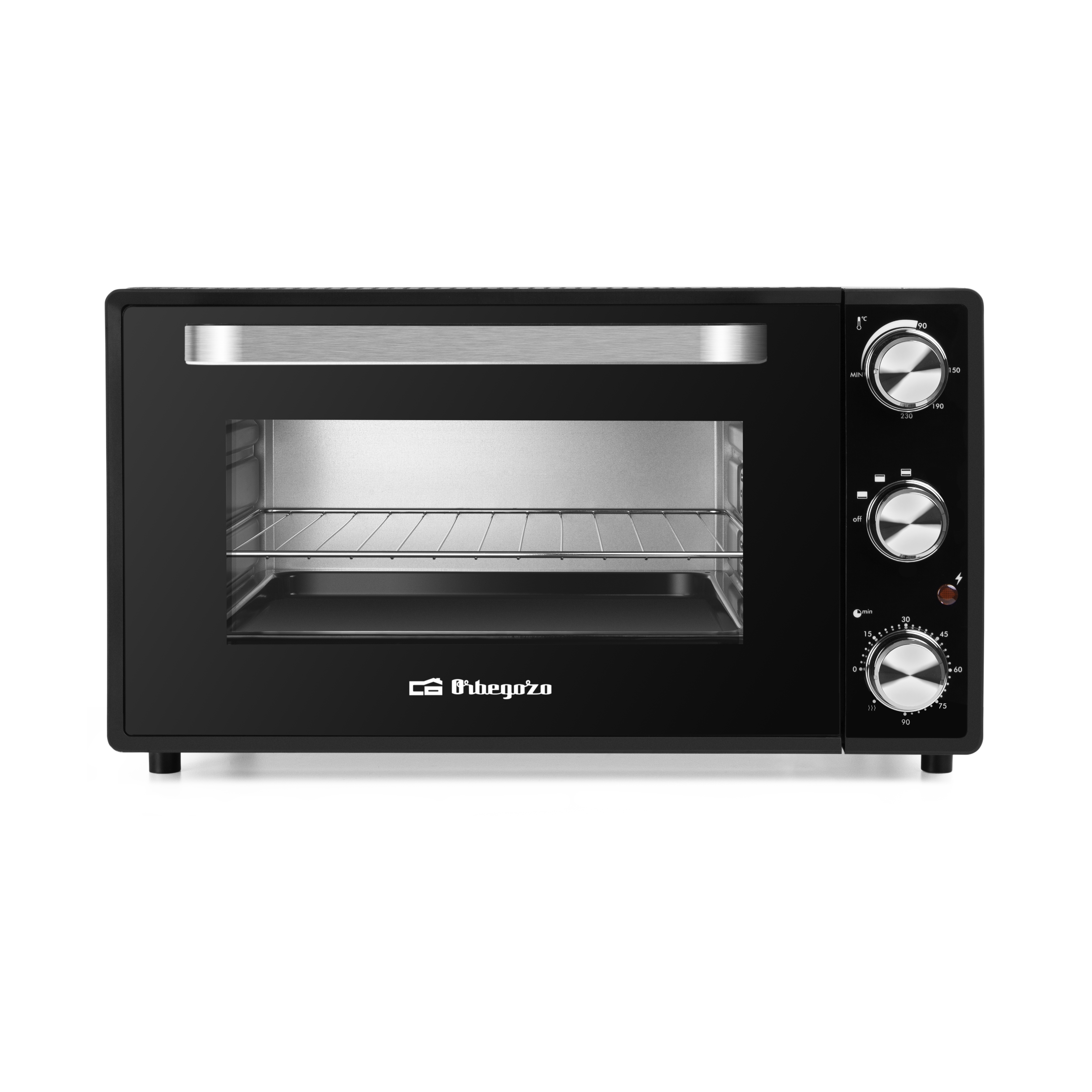 Un forno nero mostra i comandi e l'interno con un ripiano e un vassoio.