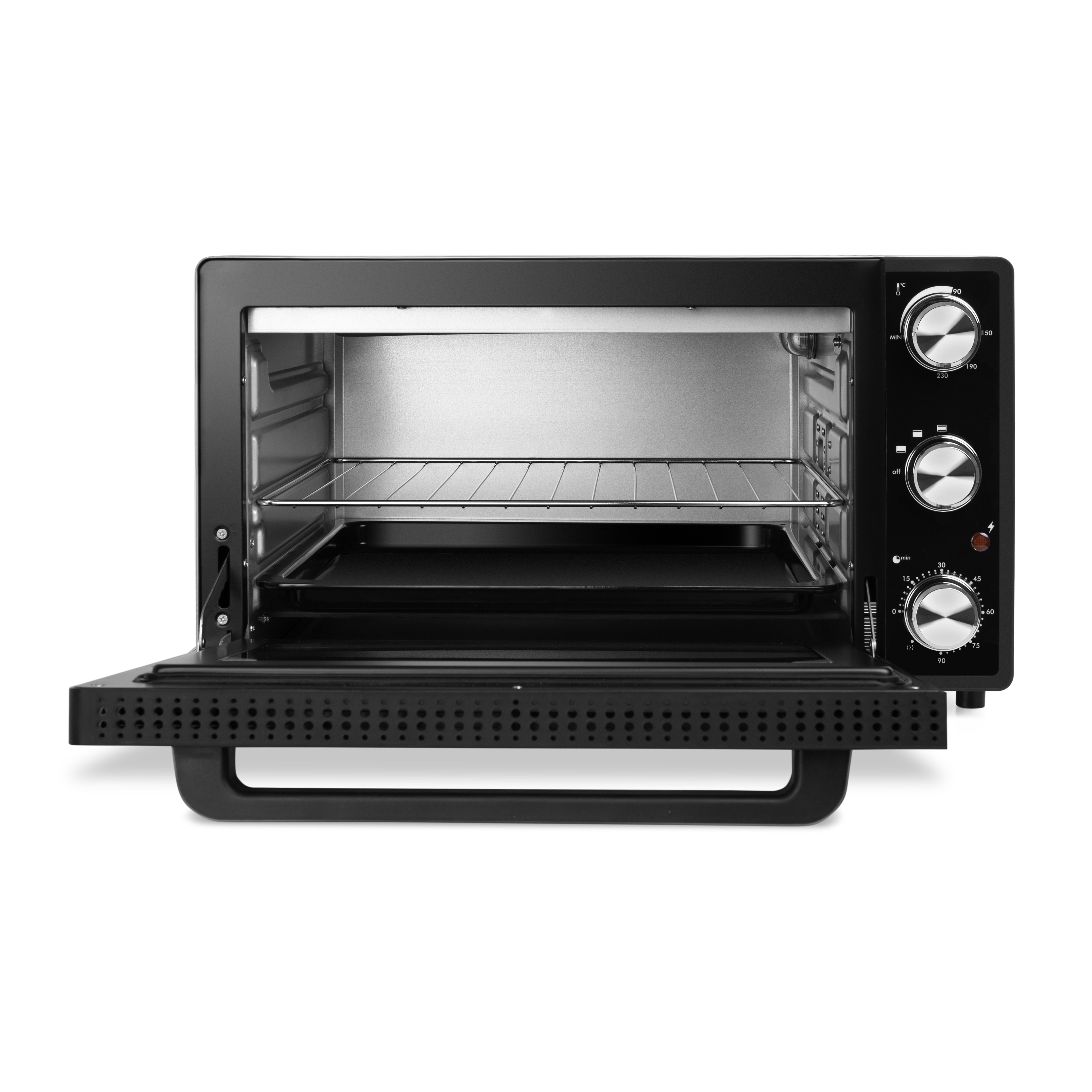 Un forno nero con la porta aperta, che mostra l'interno, una griglia e un vassoio.