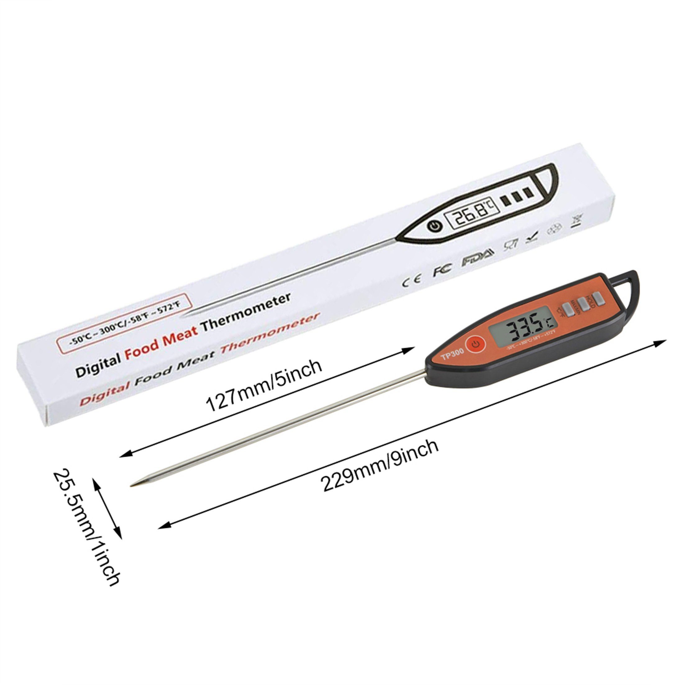 Digitales Lebensmittel-Fleischthermometer mit Verpackung und Abmessungen. Oranger Körper. Weißer Hintergrund.