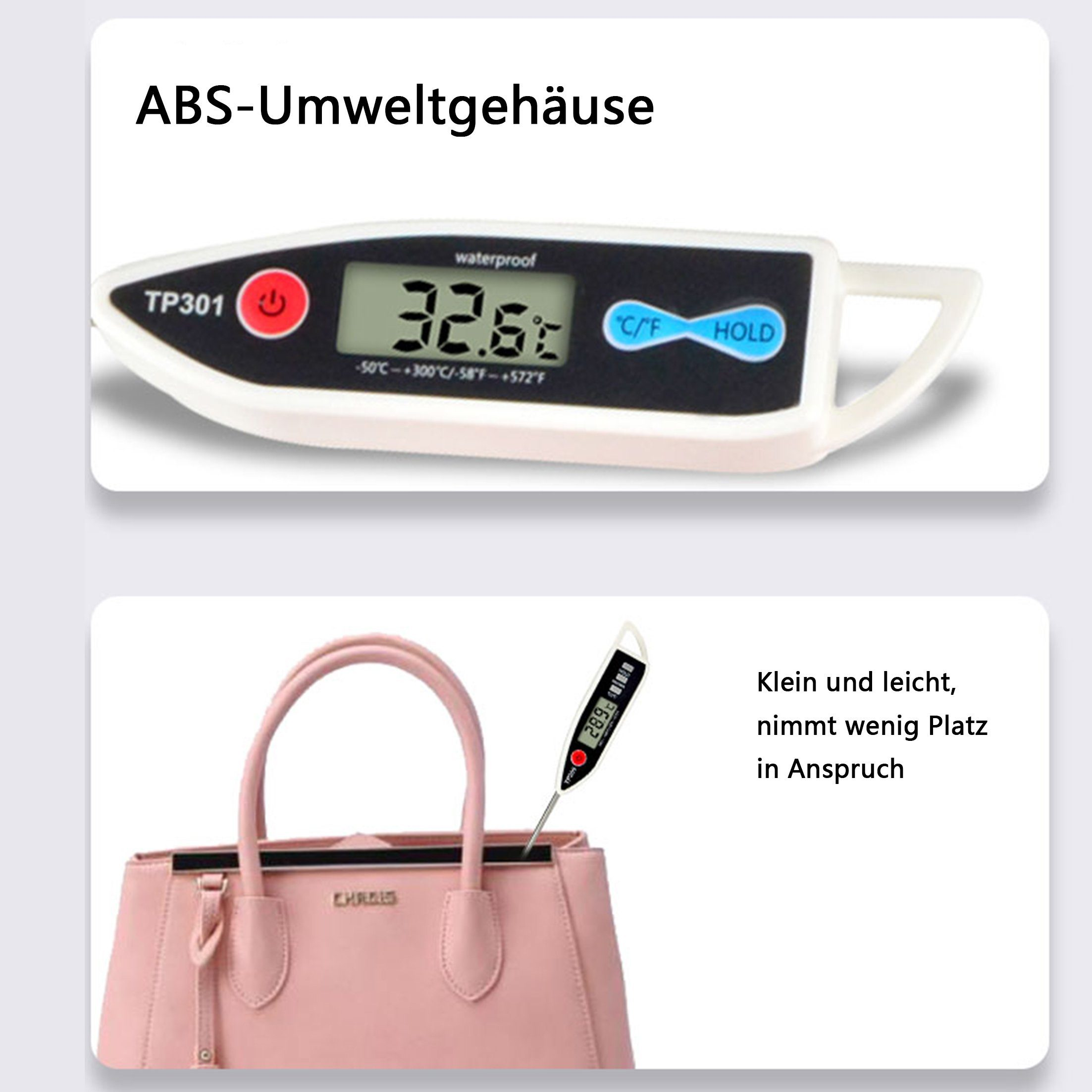 Thermometer zeigt 32,5 Grad Celsius an. Es befindet sich in einer rosa Handtasche mit einem kleinen Thermometer im Leder.