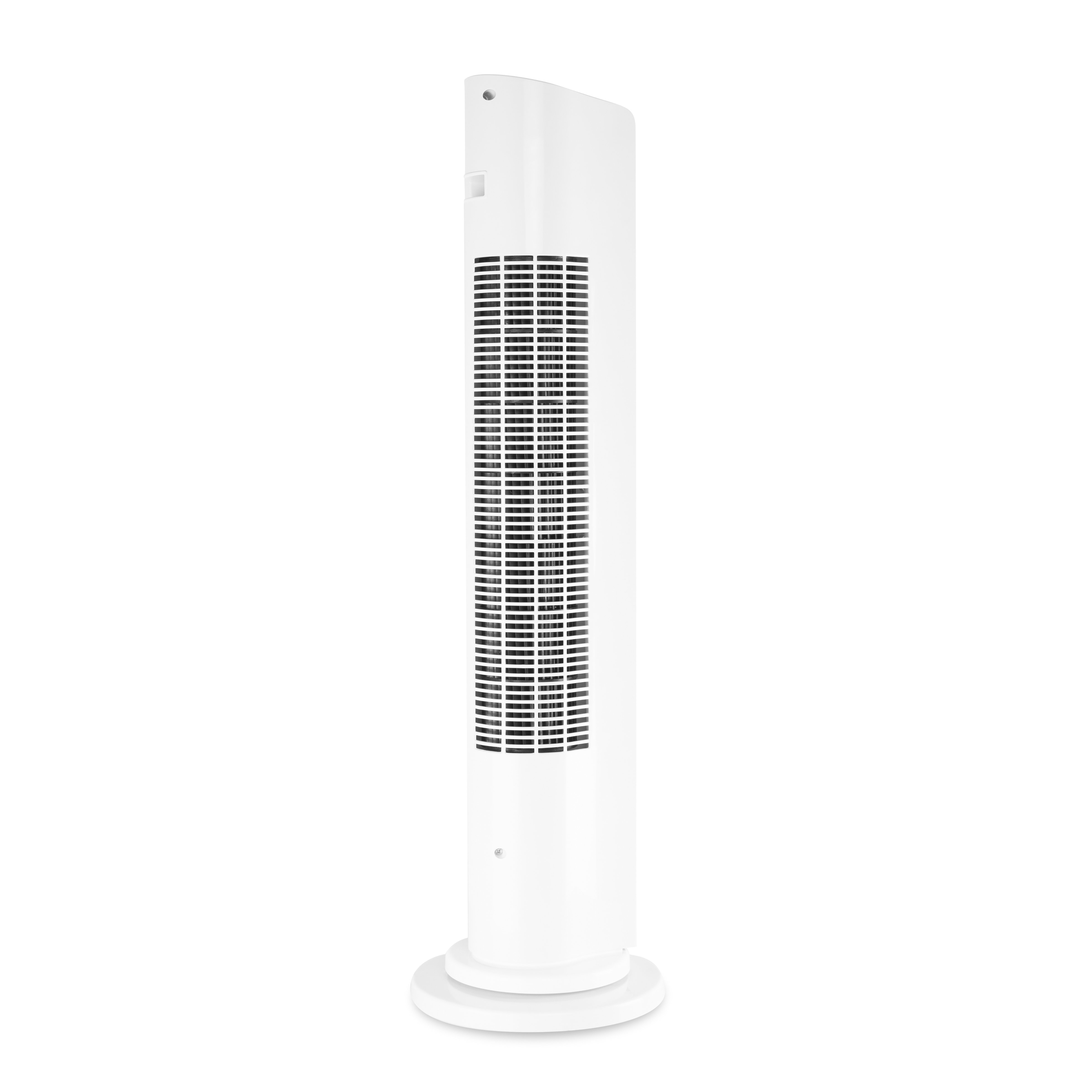 Ventilador de torre alto y blanco sobre una superficie blanca.