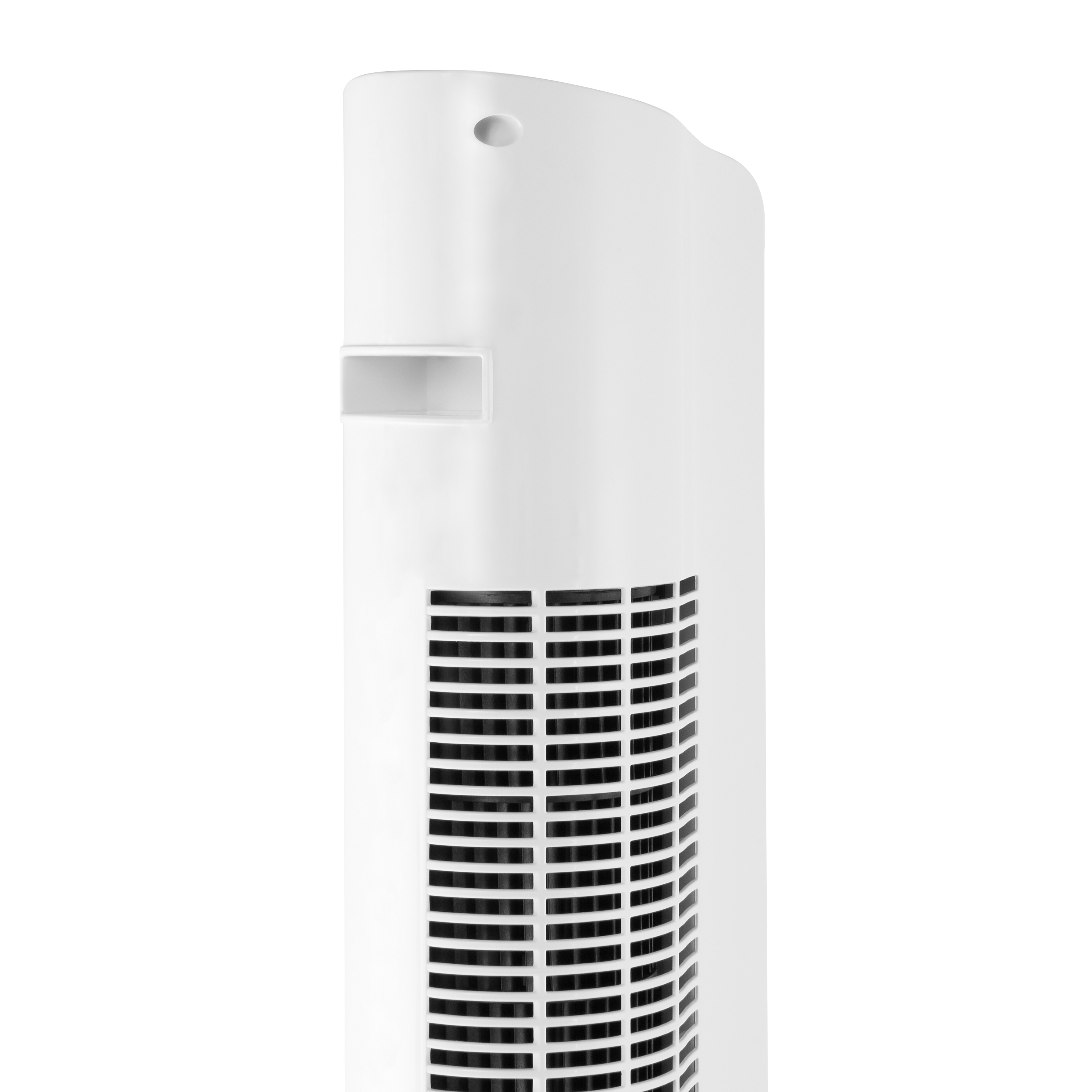 Ventilador de torre blanco, que muestra una vista lateral con rejillas y un pequeño panel de control.