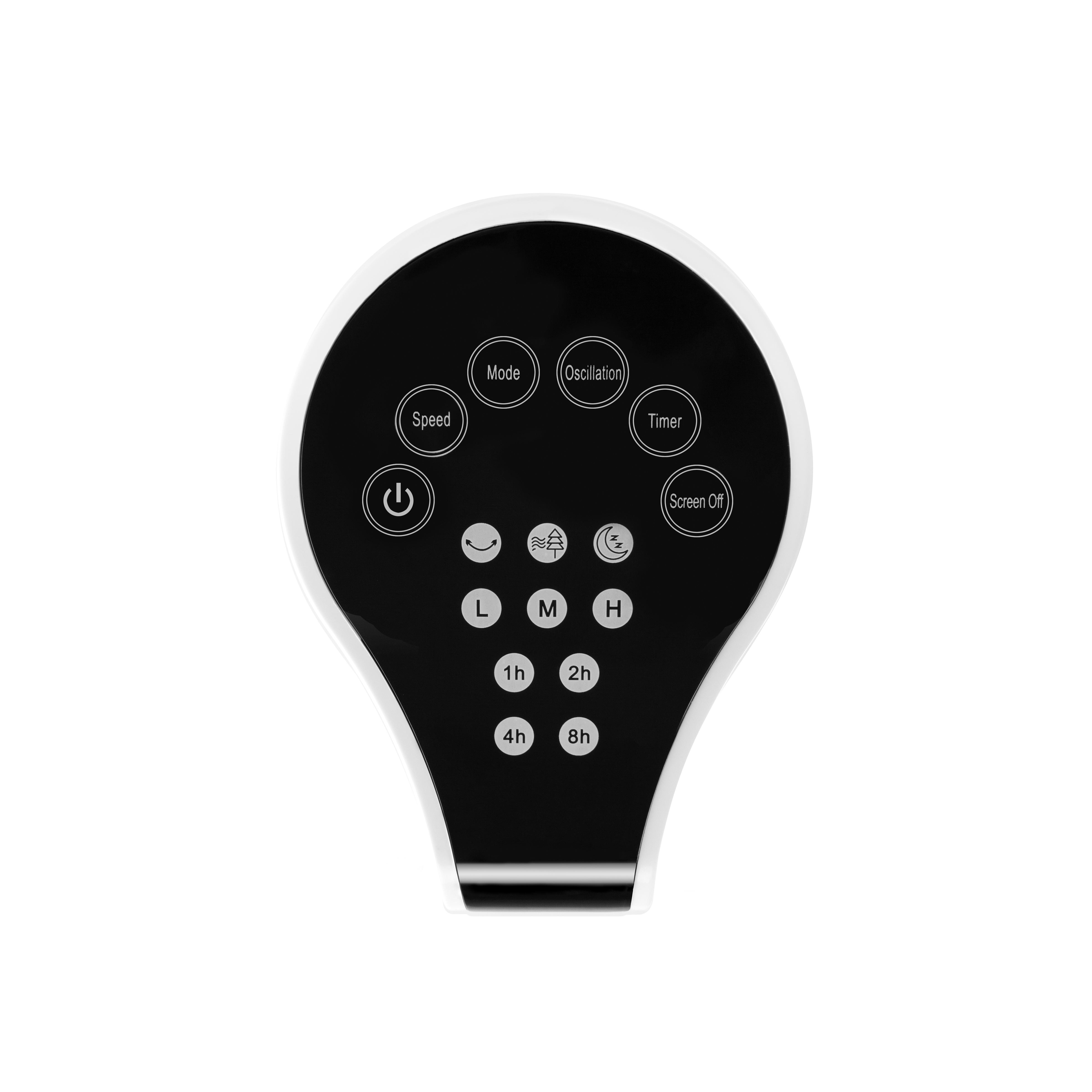 Un panel de control con botones para velocidad, modo, temporizador y apagado de pantalla, sobre un fondo blanco.