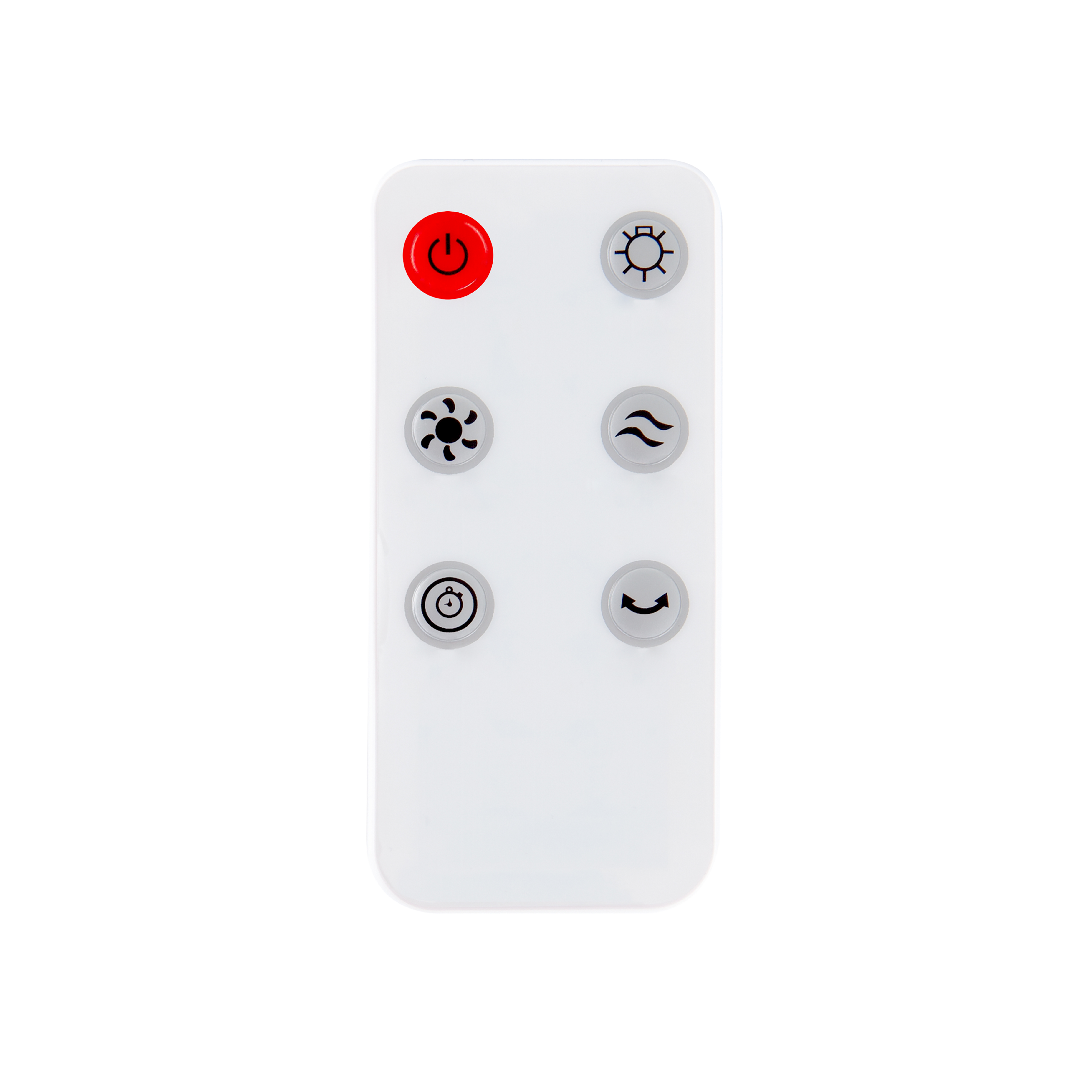 Un control remoto blanco con varios botones negros y rojos, con iconos.