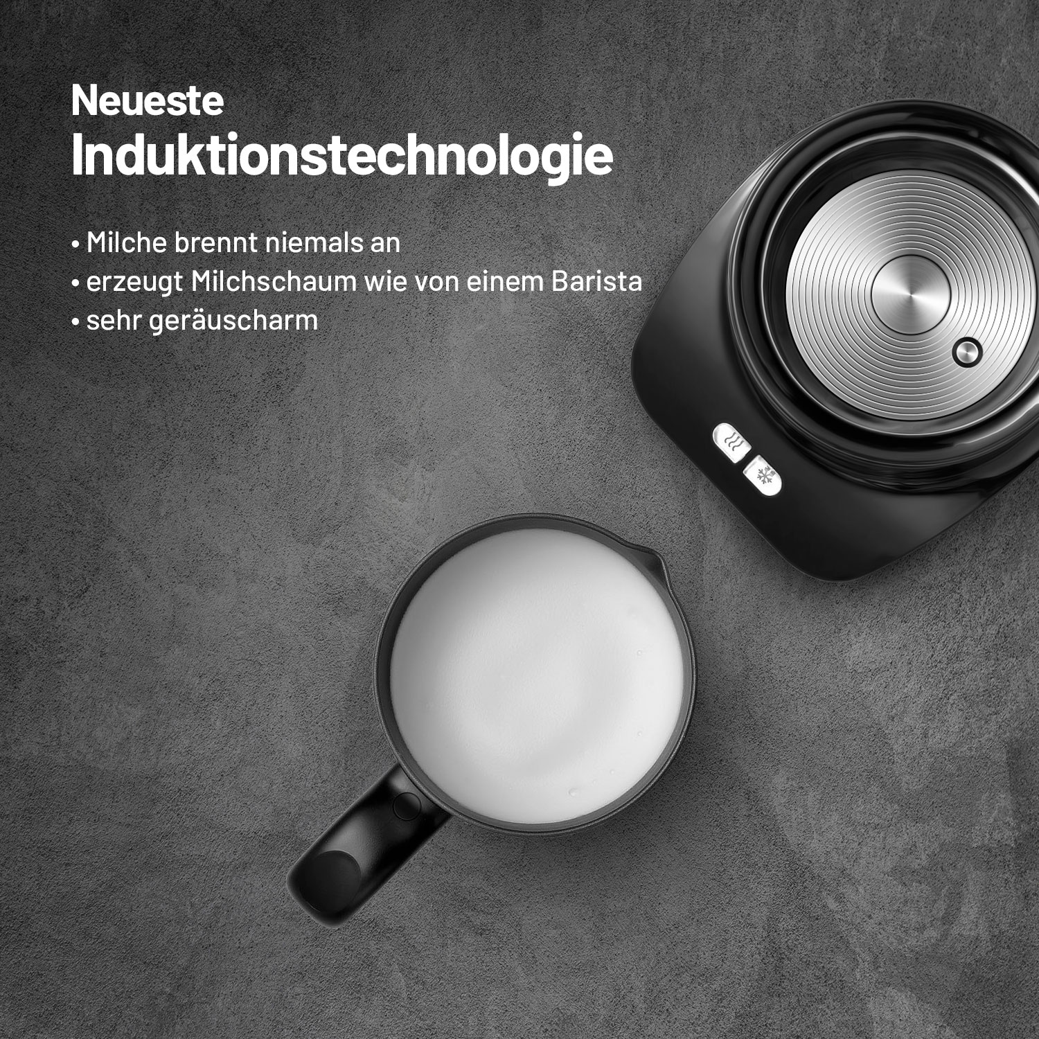 Nahaufnahme eines Milchaufschäumers mit Text über Induktionstechnologie und Milch.