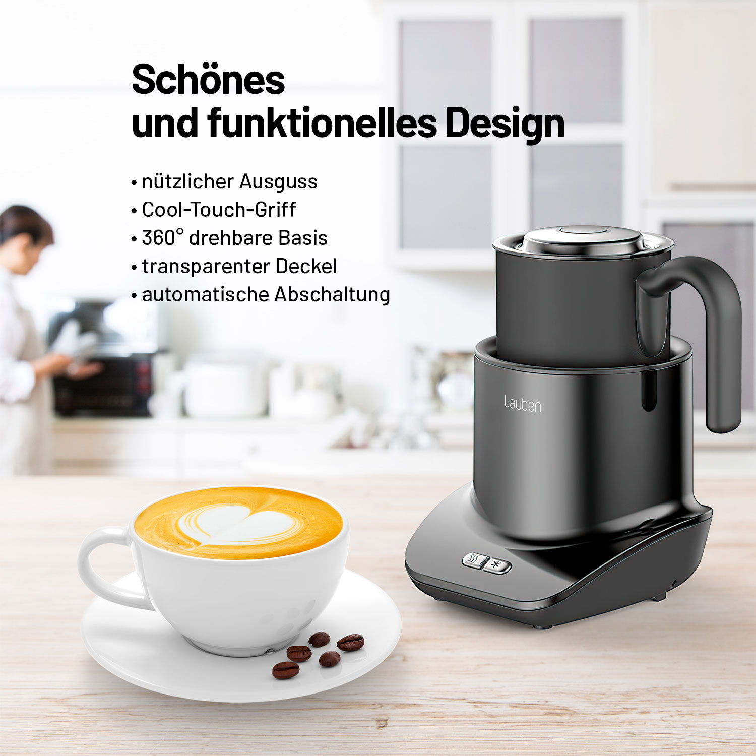 Schwarzer Milchaufschäumer mit Kaffeetasse und Bohnen, Text über Design und Funktionen.