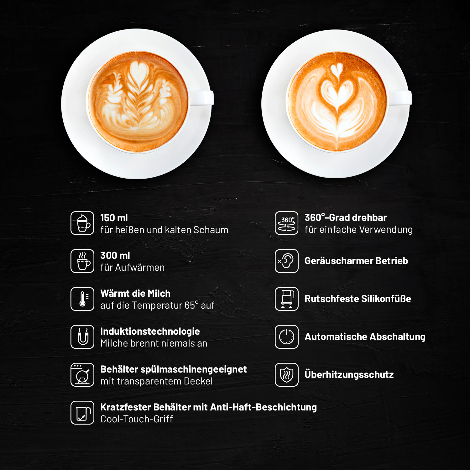 Zwei Tassen Kaffee mit Latte Art. Text und Illustrationen zu den Funktionen der Kaffeemaschine.