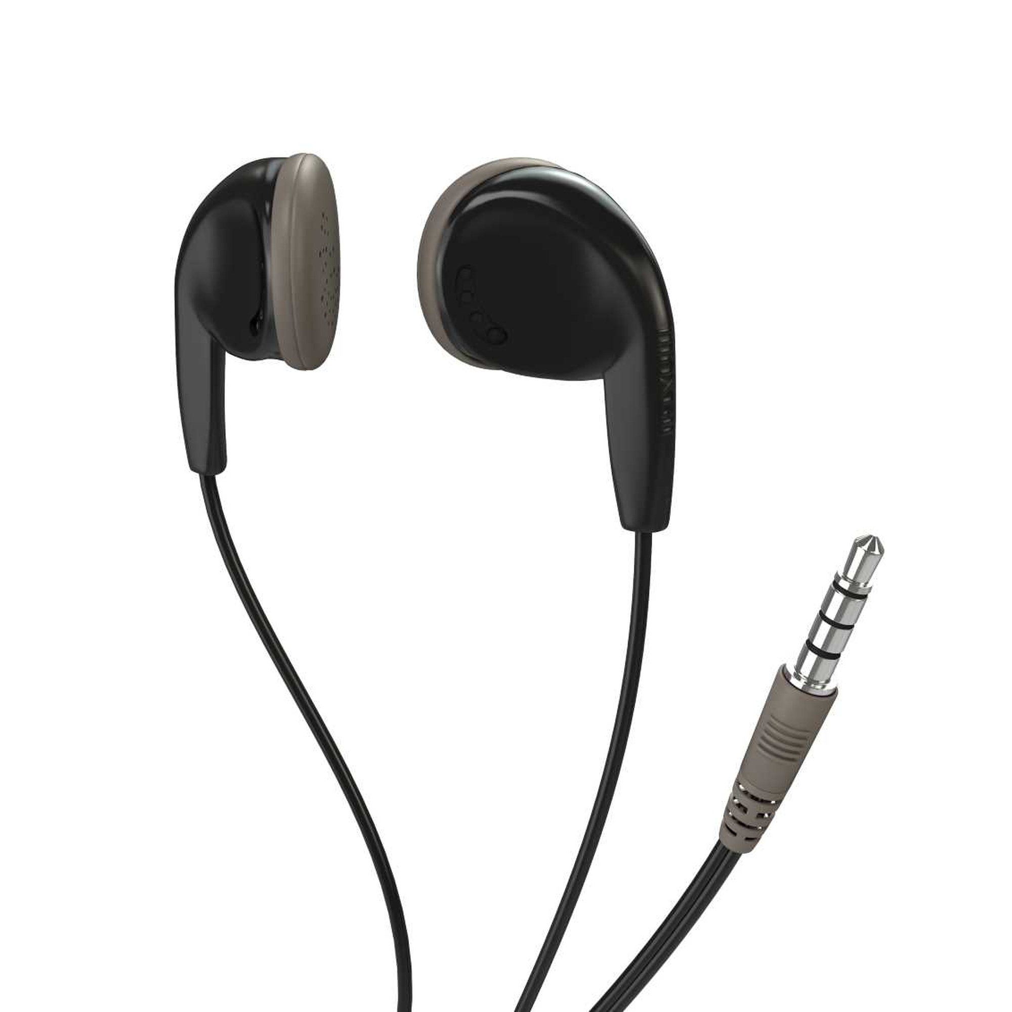 Par de auriculares negros con conector de audio de 3,5 mm.